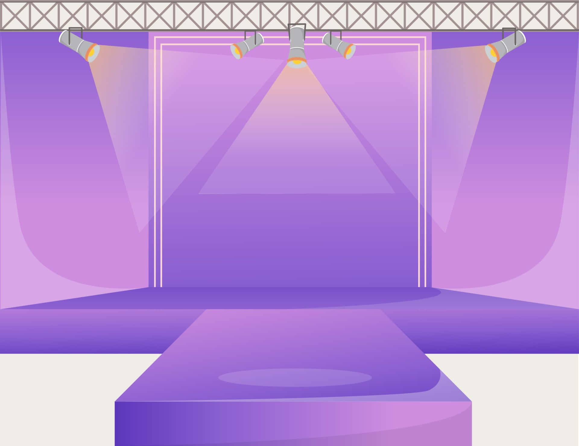 Runway 桌布 壁紙 — 一個充滿活力的紫色舞台，由聚光燈照亮，設有伸展台，通向桁架系統下的裱框背景。