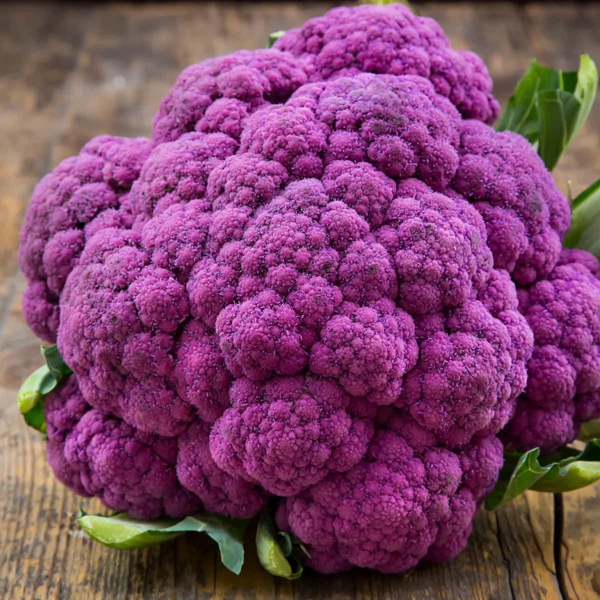 Purple Cauliflower 桌布 壁紙 — 一個充滿活力的紫色花椰菜，帶有紋理的花蕾，放在質樸的木質表面上，伴隨著綠葉。