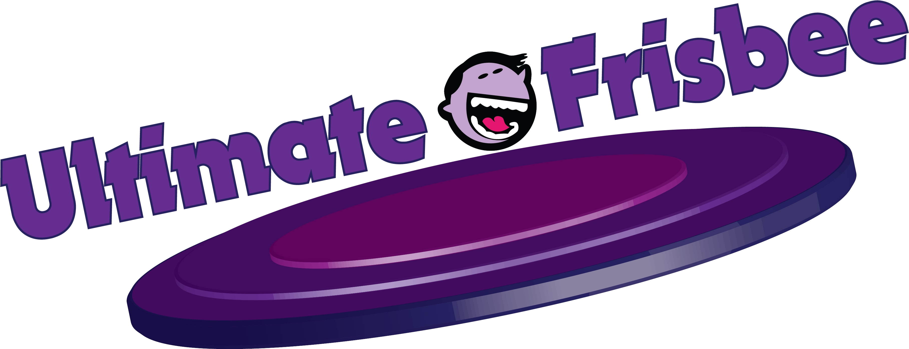Frisbee 桌布 壁紙 — 一個充滿活力的紫色飛盤，帶有卡通臉標誌和黑色背景上的粗體文字。