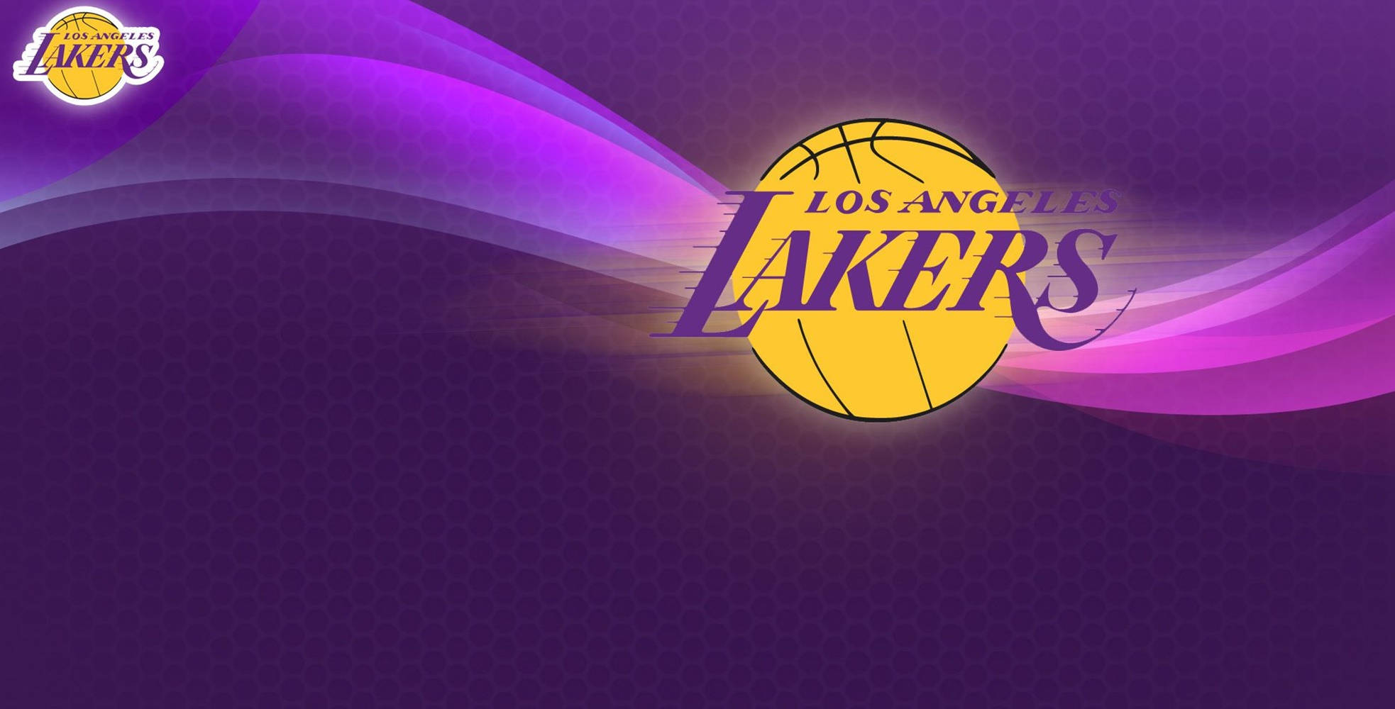 湖人 桌布 壁紙 — 一個充滿活力的紫金色洛杉磯湖人隊標誌，居中於帶有微妙六角形紋理的動態波浪背景上。