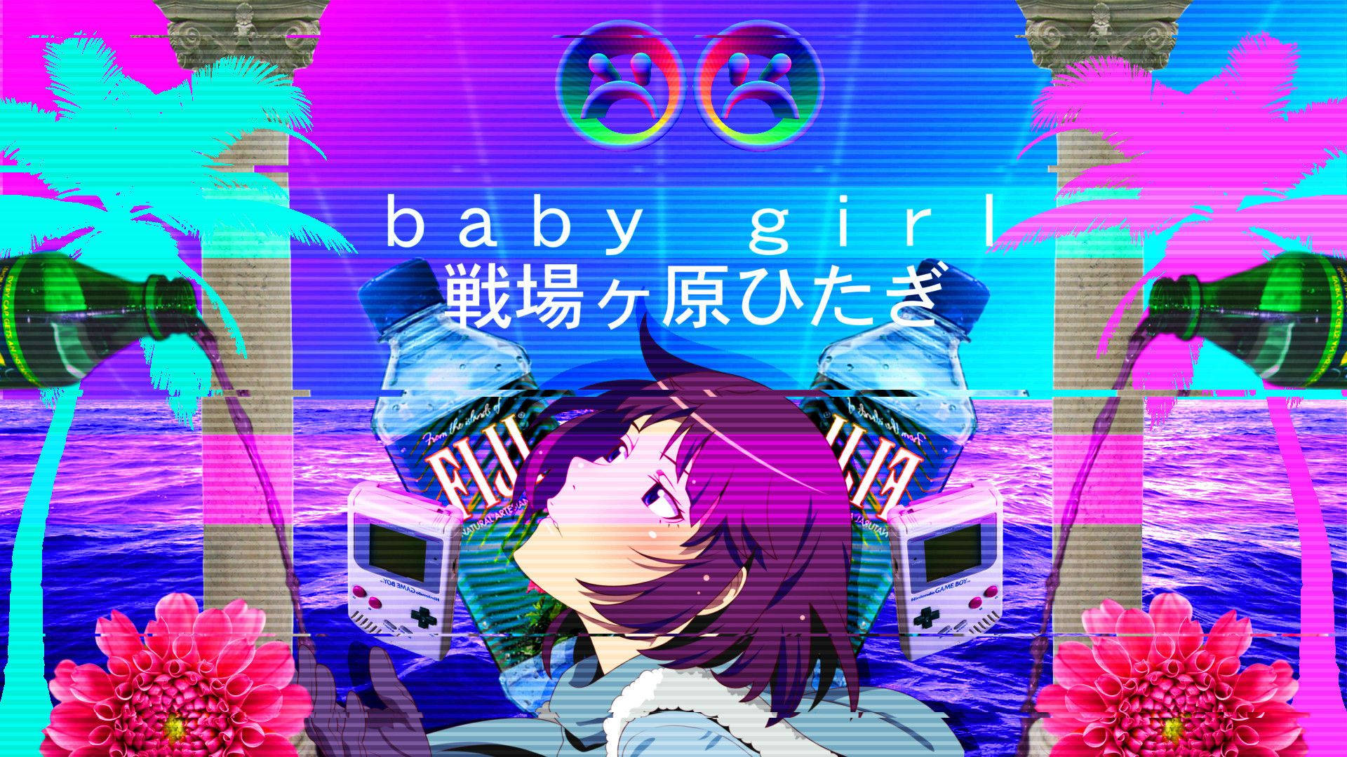 動漫女孩 桌布 壁紙 — 一個充滿活力的紫髮動漫女孩漂浮在故障的棕櫚樹和水瓶之間，背景是霓虹粉紅和藍色的天空。