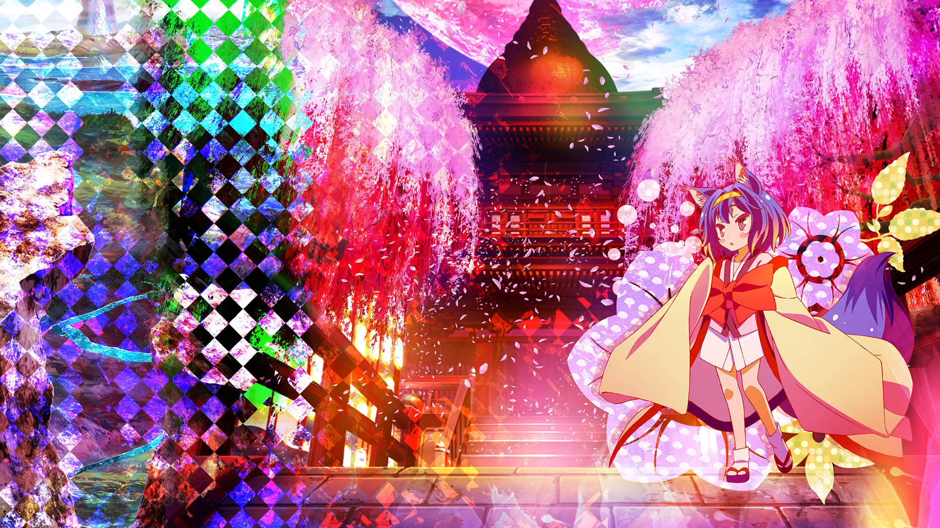 game 桌布 壁紙 — 一個充滿活力的紫髮動漫女孩站在發光的神社前，周圍是粉紅色的櫻花和色彩繽紛的幾何圖案。