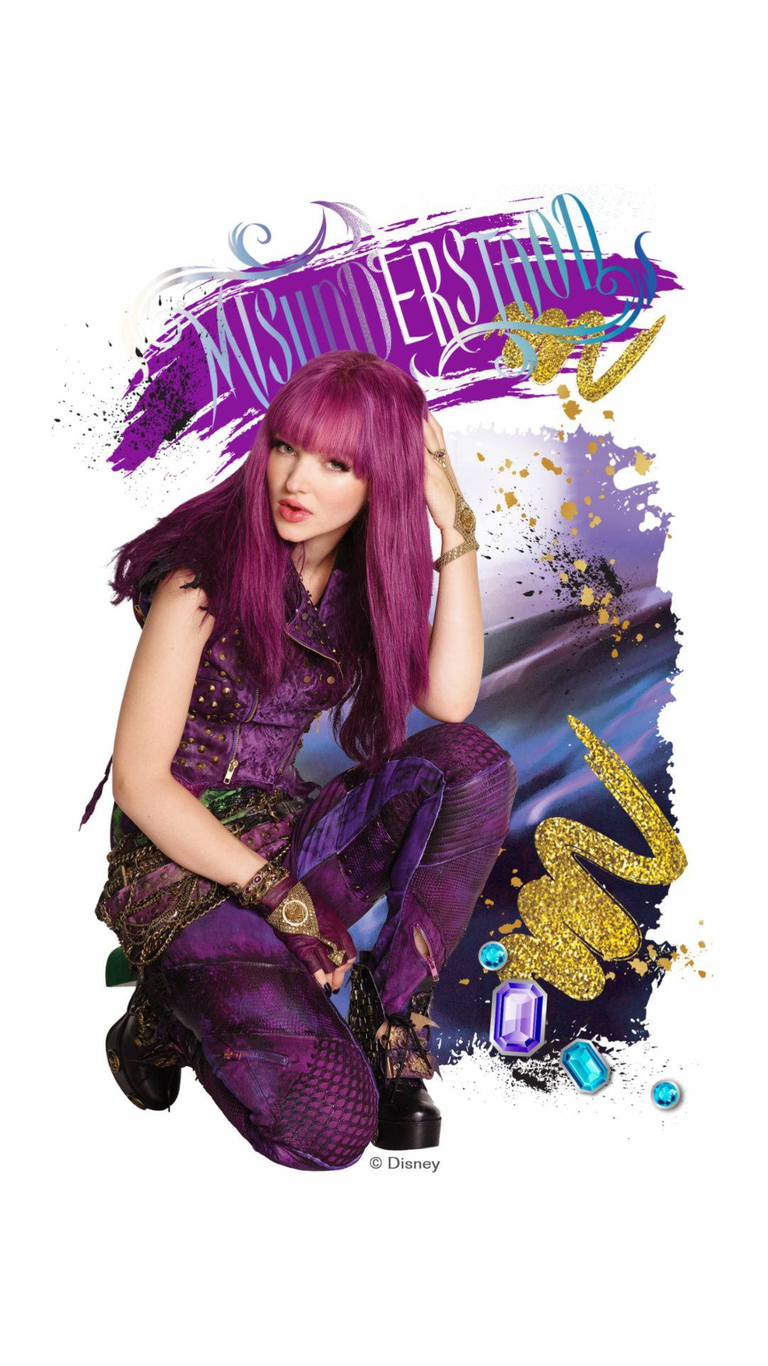 Descendants 桌布 壁紙 — 一個充滿活力的紫髮女孩，身穿閃亮的紫色服裝，自信地蹲在紫色、金色和寶石點綴的動態潑濺背景前。