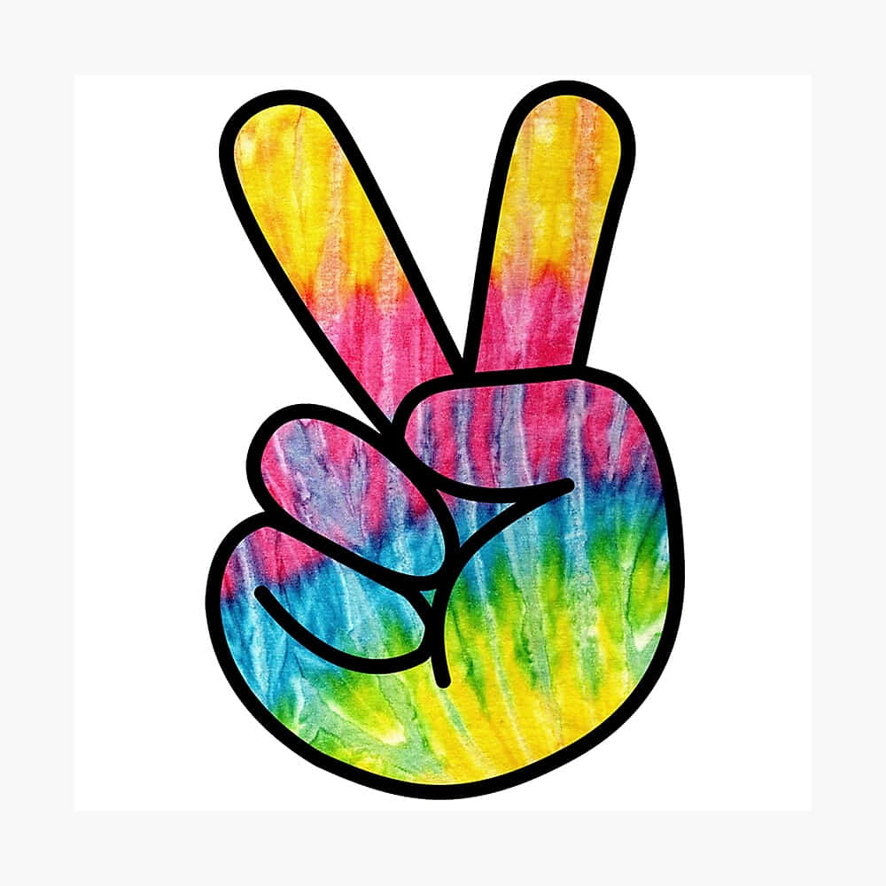 和平 桌布 壁紙 — 一個充滿活力的紮染和平手勢，帶有粗黑色輪廓，背景為白色。