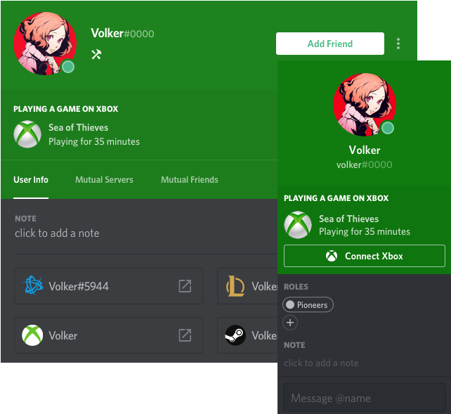 Discord 桌布 壁紙 — 一個充滿活力的綠色 Discord 個人資料頁面，顯示名為 Volker 的用戶在 Xbox 上玩 Sea of Thieves，並帶有「新增好友」和「連接 Xbox」按鈕。