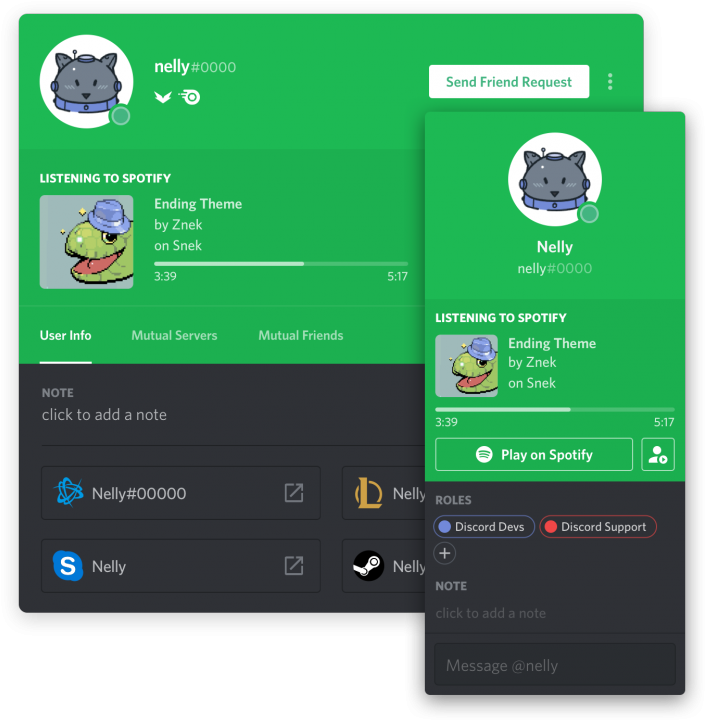 Discord 桌布 壁紙 — 一個充滿活力的綠色 Discord 使用者個人資料疊加層，顯示貓咪頭像和 Spotify 收聽活動，並帶有俏皮的爬蟲類專輯藝術。