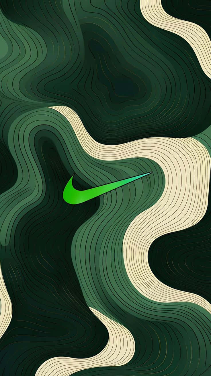 nike abstract wallpaper 壁紙 — 一個充滿活力的綠色Nike勾從旋轉的深綠色和奶油色地形線中浮現。