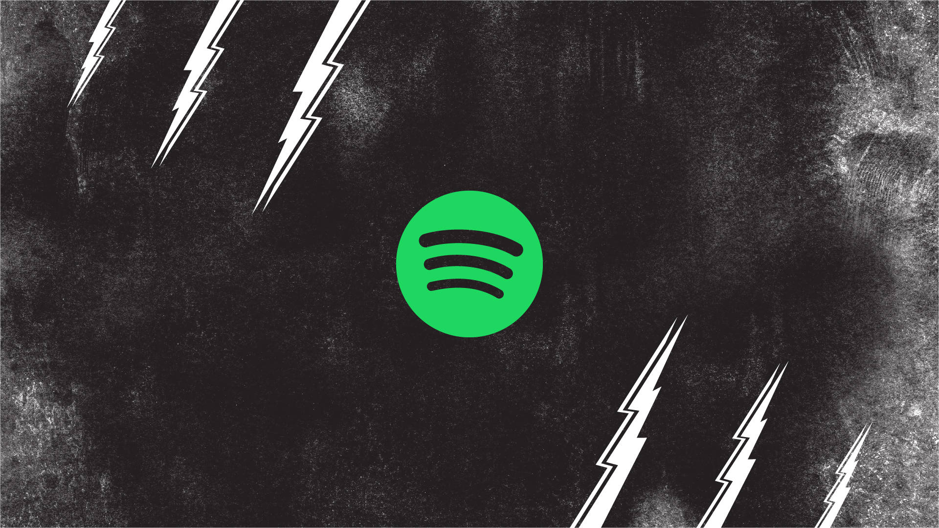 Spotify 桌布 壁紙 — 一個充滿活力的綠色Spotify標誌，居中於帶有紋理的黑色背景上，白色閃電斜向劃過。