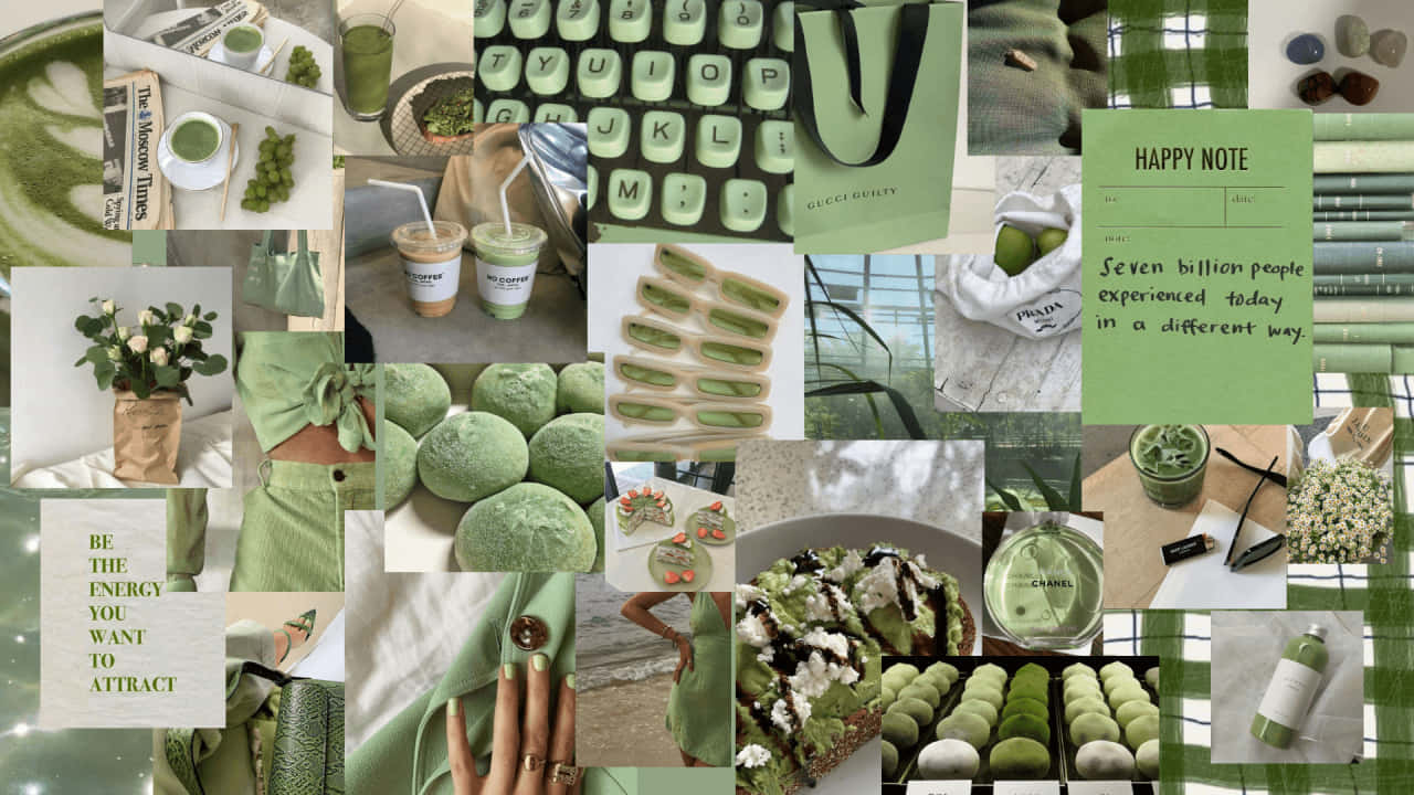 Sage Green Laptop 桌布 壁紙 — 一個充滿活力的綠色主題拼貼畫， featuring 抹茶飲品、時尚配飾和生活方式物品，以清新寧靜的美學統一。