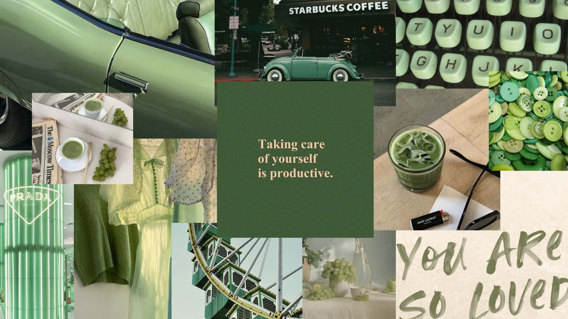 Aesthetic Sage Green 桌布 壁紙 — 一個充滿活力的綠色主題拼貼畫，包含復古汽車、咖啡店、鍵盤按鈕和自我關懷肯定語。