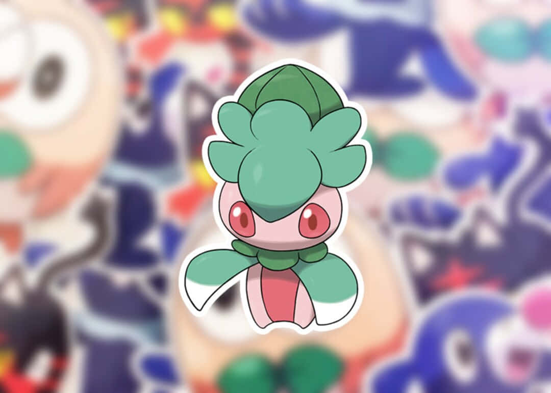 寶可夢 桌布 壁紙 — 一個充滿活力的綠色卡通寶可夢貼紙，有著紅色眼睛和葉狀頭部，在其他貼紙的彩色模糊背景中脫穎而出。