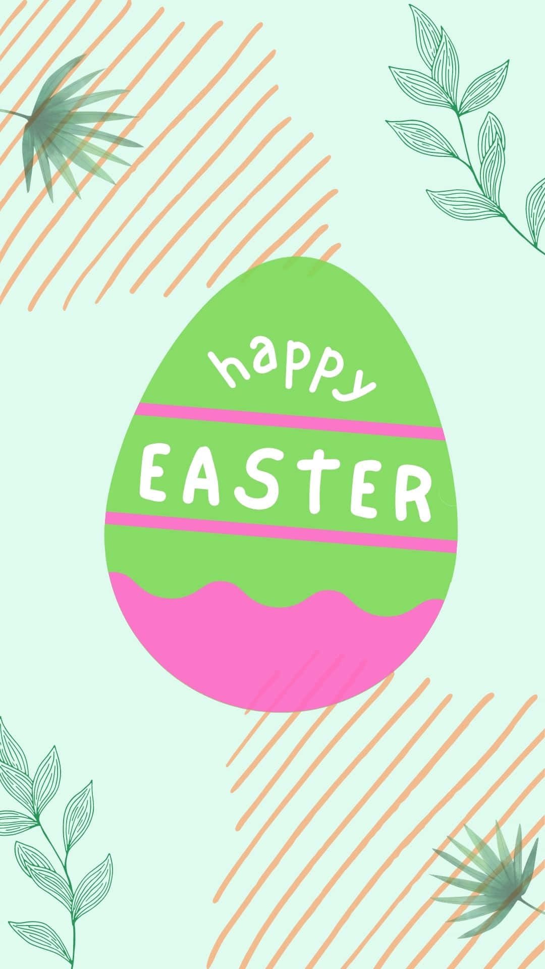 Egg 桌布 壁紙 — 一個充滿活力的綠色和粉紅色復活蛋，上面有 'happy easter' 文字居中，背景為薄荷色，帶有葉子裝飾和橙色斜紋。