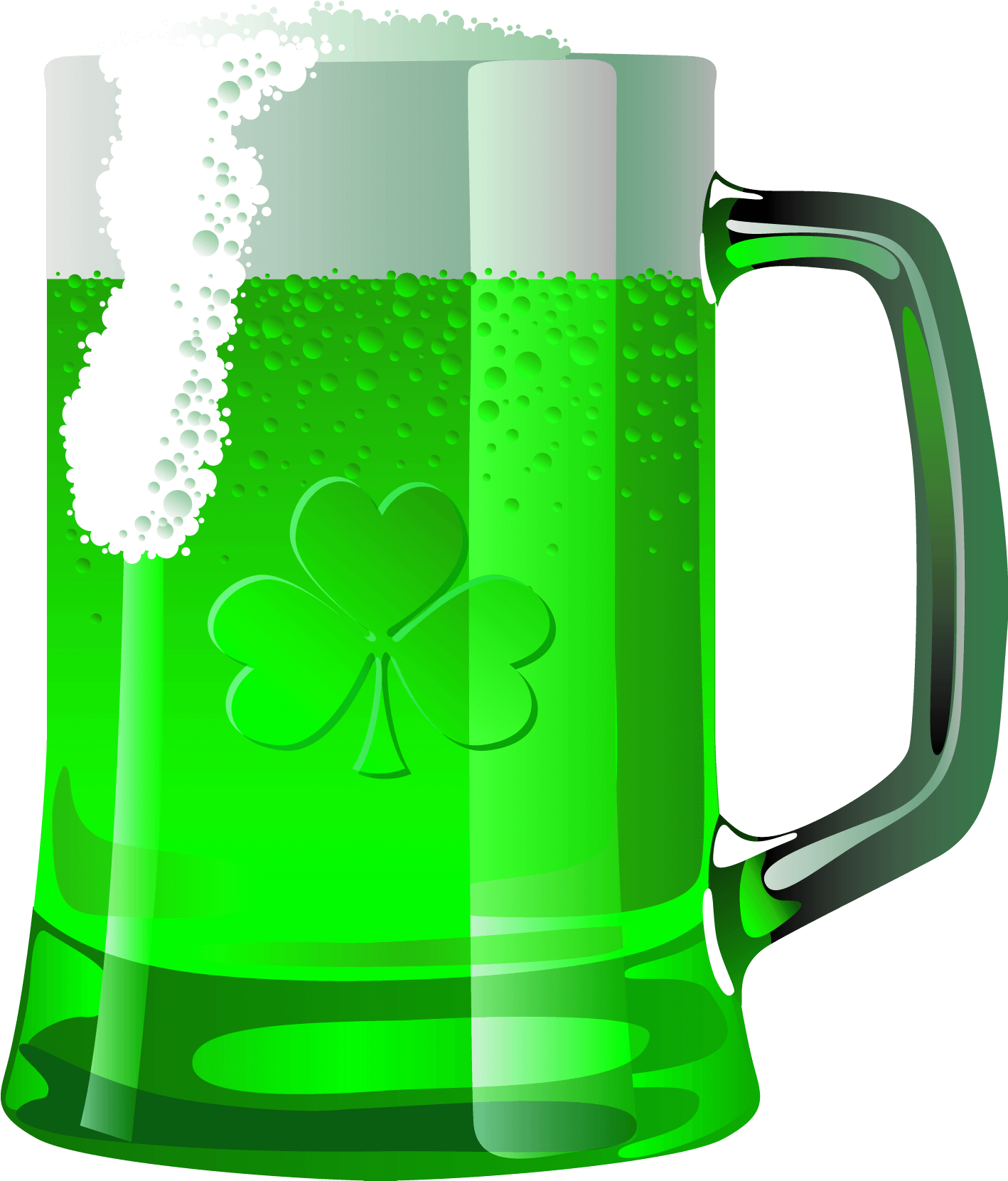 Saint Patricks Day 桌布 壁紙 — 一個充滿活力的綠色啤酒杯，帶有三葉草標誌和泡沫白色頂部，背景為黑色。