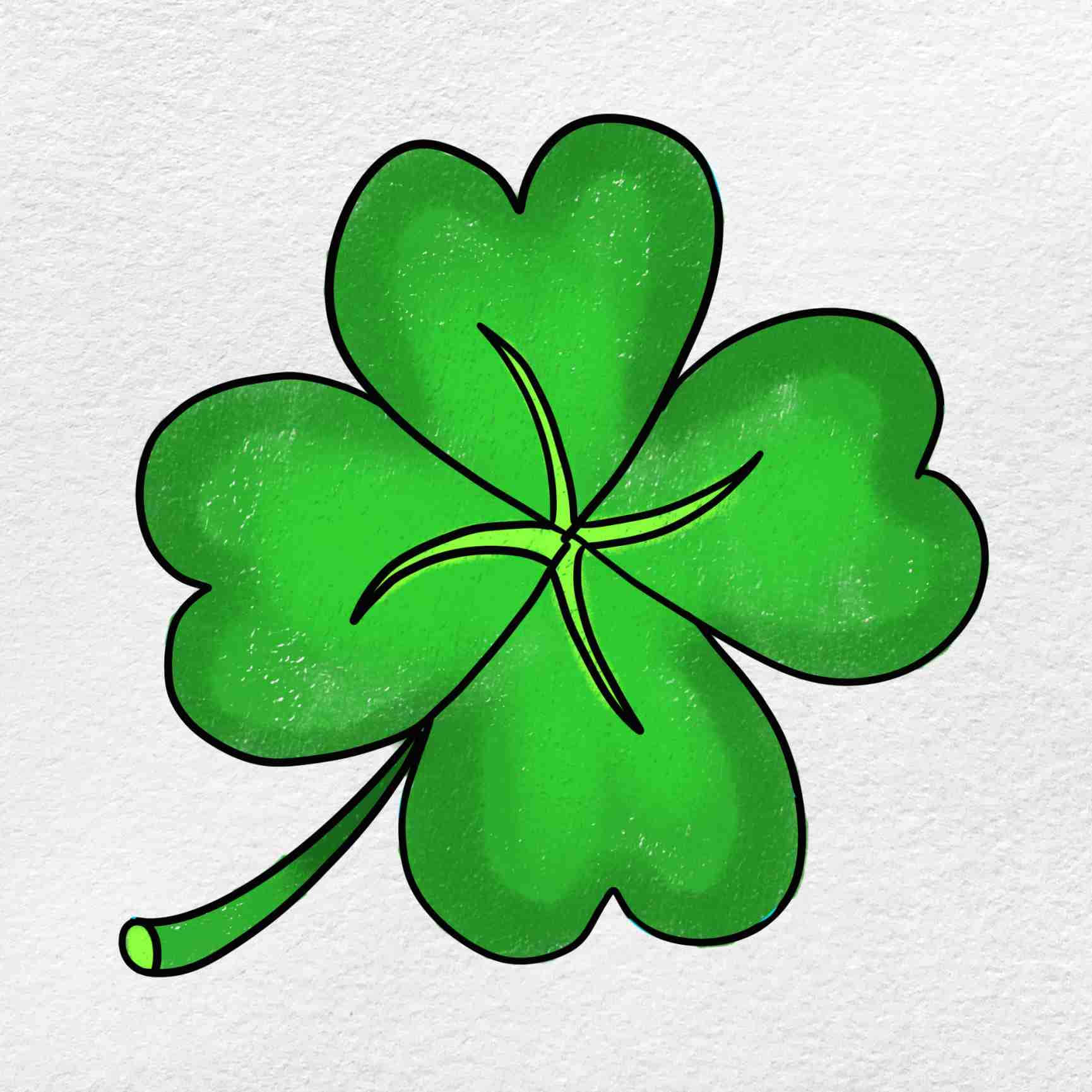 Four Leaf Clover 桌布 壁紙 — 一個充滿活力的綠色四葉草，帶有粗黑的輪廓，位於有紋理的白色紙張中央。