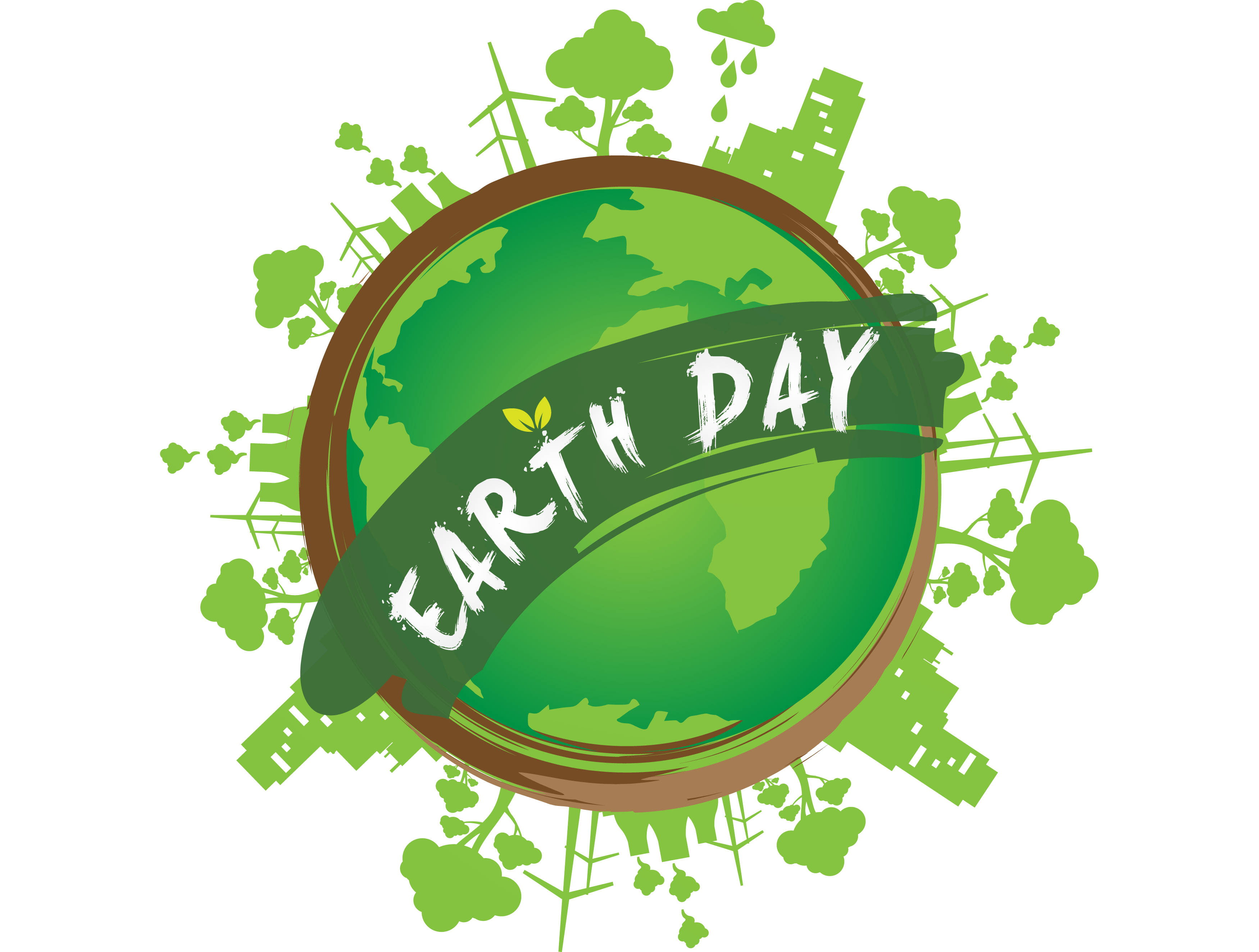 Earth Day 桌布 壁紙 — 一個充滿活力的綠色地球，周圍環繞著樹木、風力渦輪機和城市剪影，並帶有寫著Earth Day的橫幅。