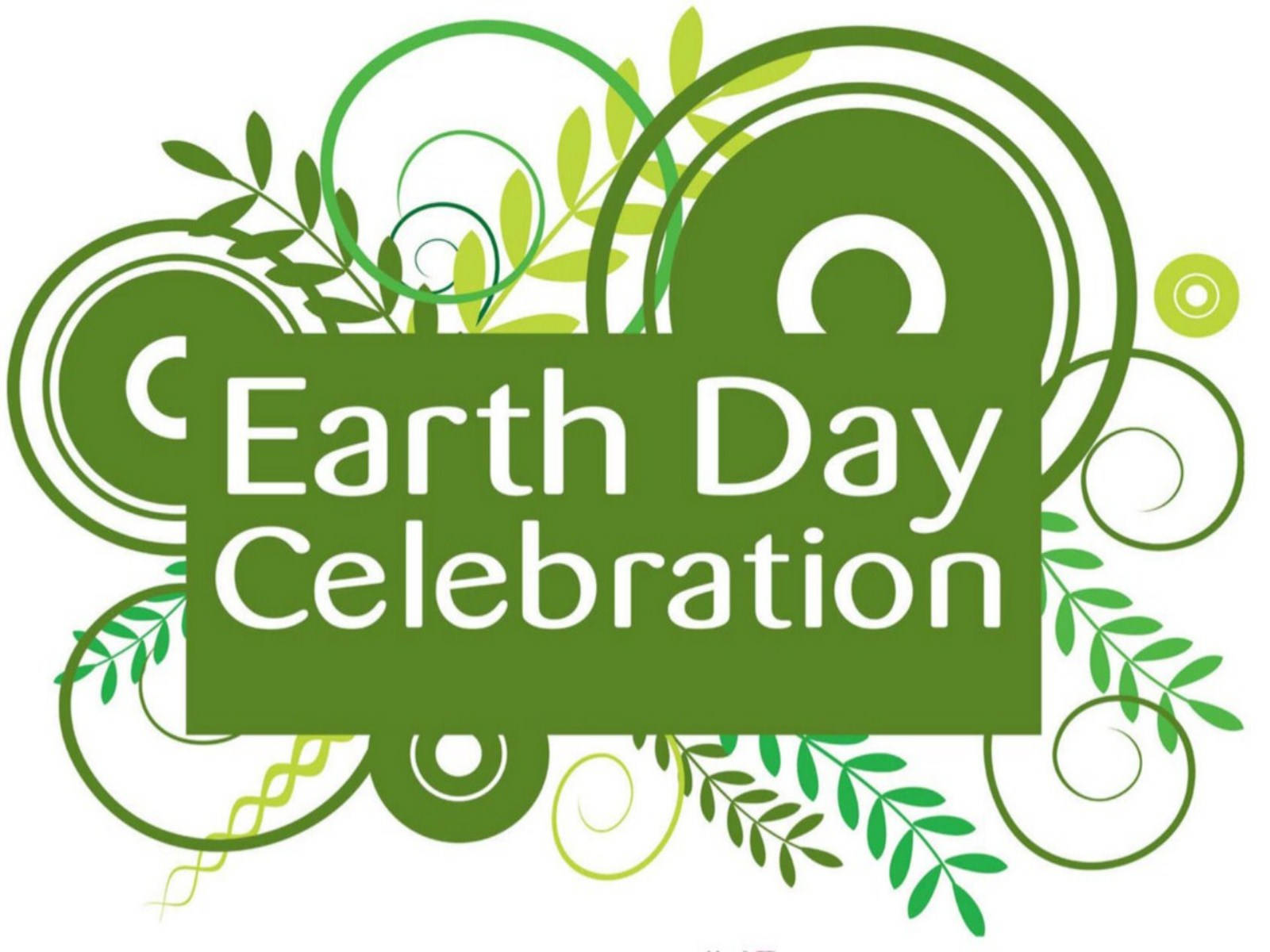 Earth Day 桌布 壁紙 — 一個充滿活力的綠色地球日慶祝標誌，帶有旋轉的葉子圖案和一個風格化的人形在圓形設計內。