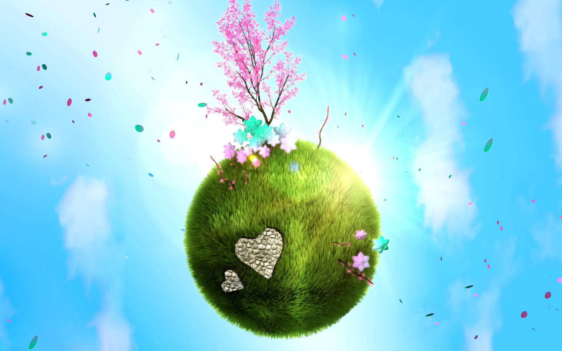Earth Day 桌布 壁紙 — 一個充滿活力的綠色地球漂浮在明亮的藍天上，周圍有粉紅色的櫻花樹和五彩紙屑旋轉。
