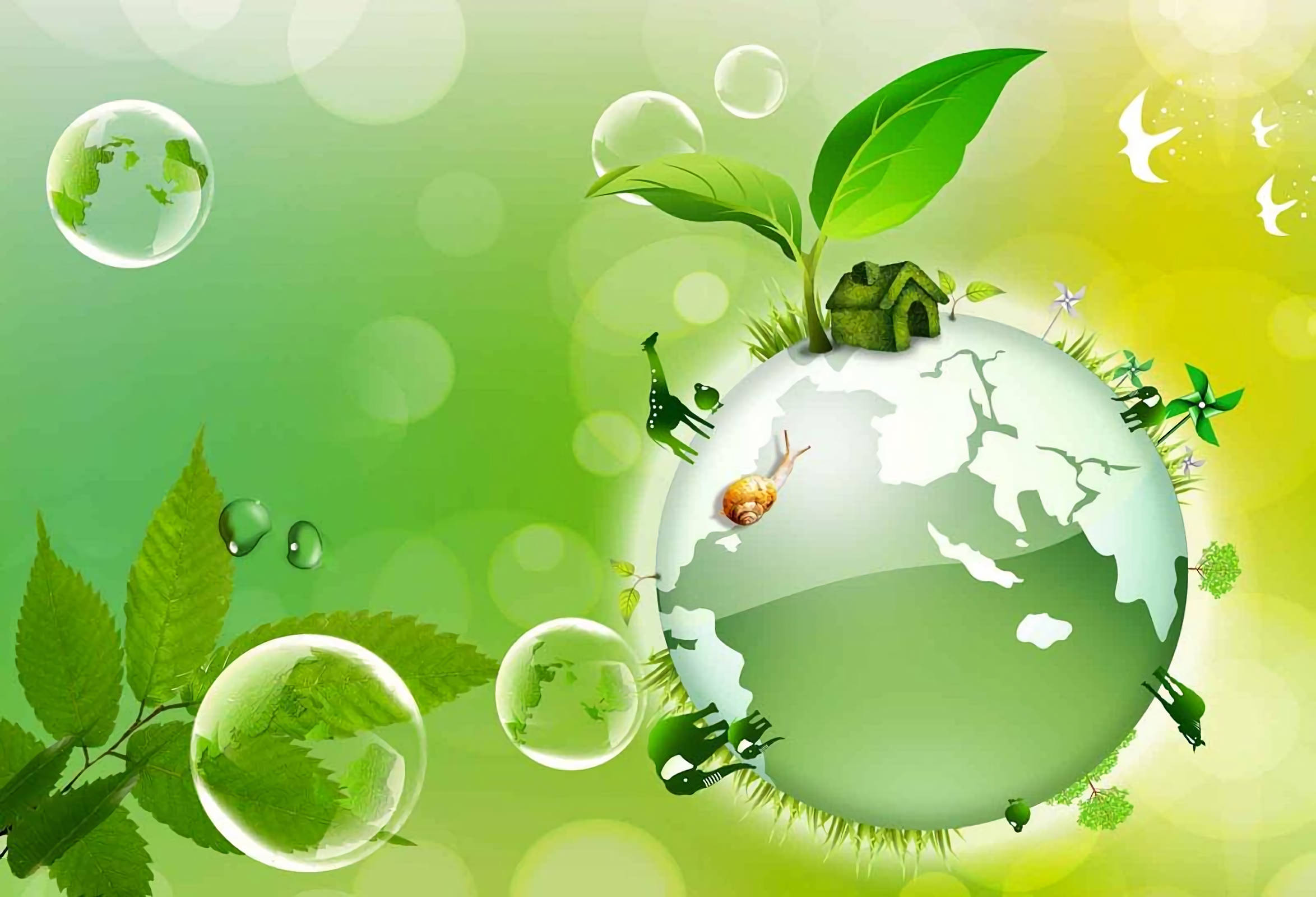 Earth Day 桌布 壁紙 — 一個充滿活力的綠色地球長出樹葉和一間小房子，周圍環繞著氣泡和自然元素，背景是柔和的漸變色。
