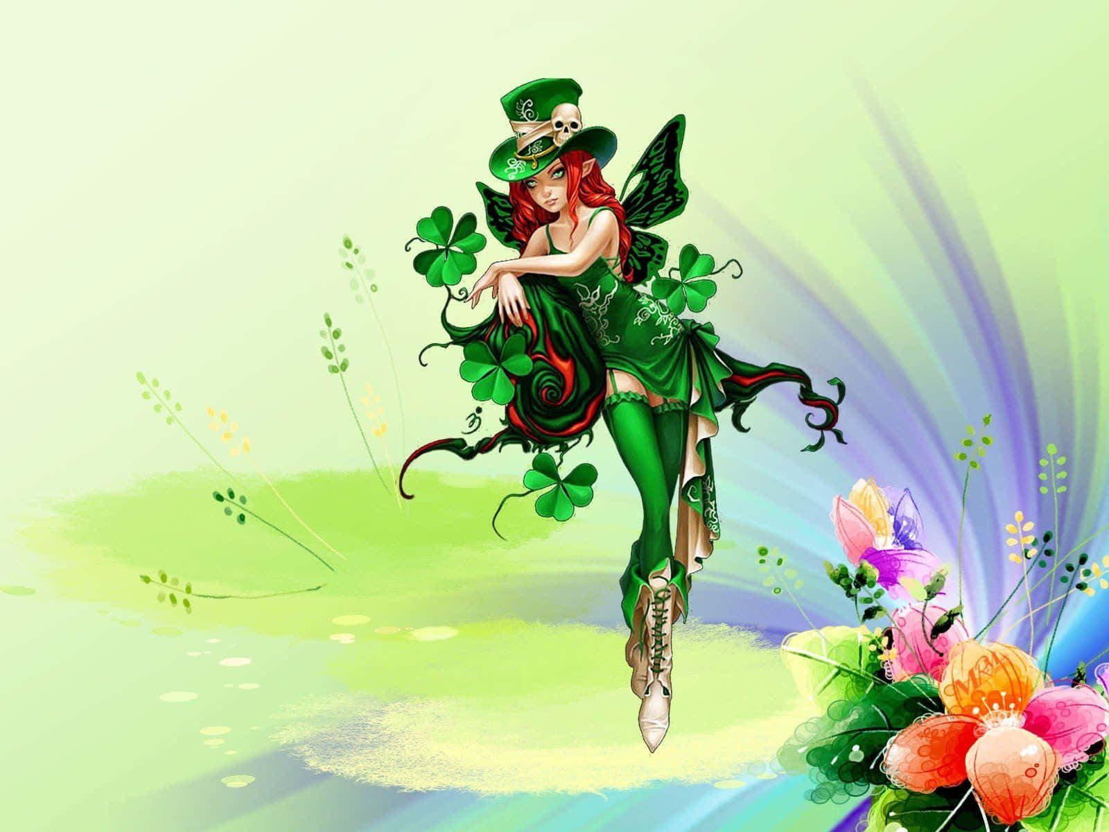 Clovers 桌布 壁紙 — 一個充滿活力的綠色妖精，紅髮，戴著骷髏裝飾的帽子，漂浮在三葉草和色彩繽紛的花朵之間，背景是柔和的漸變色。
