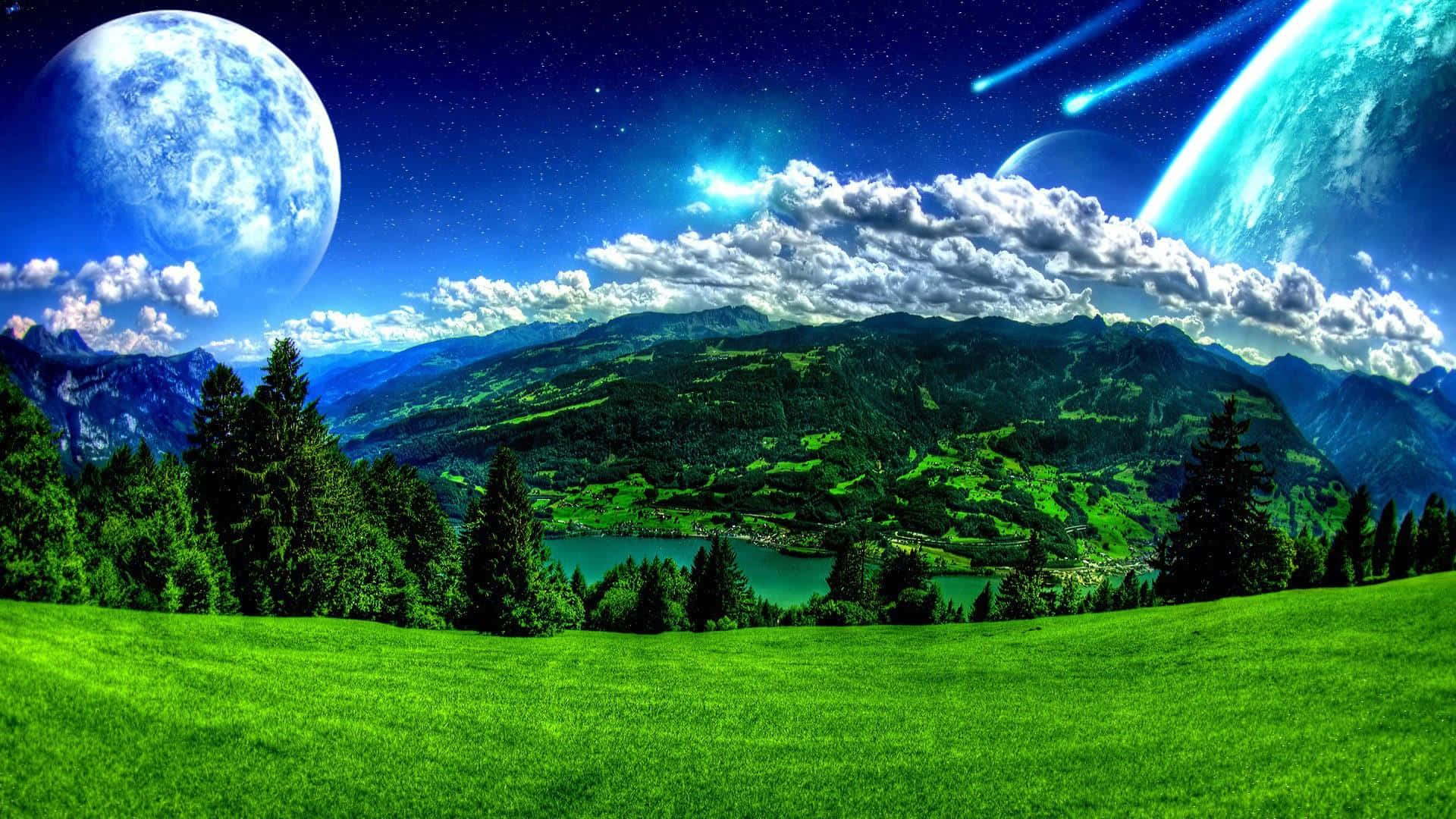 背景 桌布 壁紙 — 一個充滿活力的綠色山谷，有山脈和湖泊，在星空下，有巨大的月亮和發光的彗星。