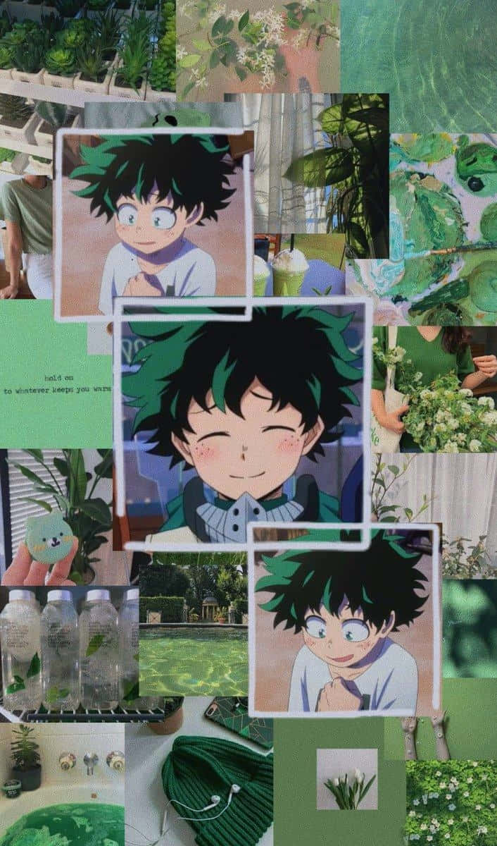 Deku Phone 桌布 壁紙 — 一個充滿活力的綠色拼貼畫， featuring 動漫角色綠谷出久，周圍環繞著植物、飲料和舒適的紋理。