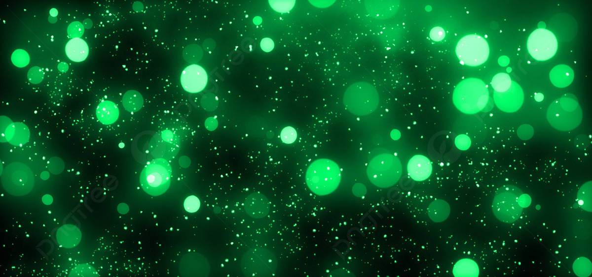 Green Glitter 桌布 壁紙 — 一個充滿活力的綠色散景背景，帶有發光球體和閃爍粒子，襯托在黑暗背景上。