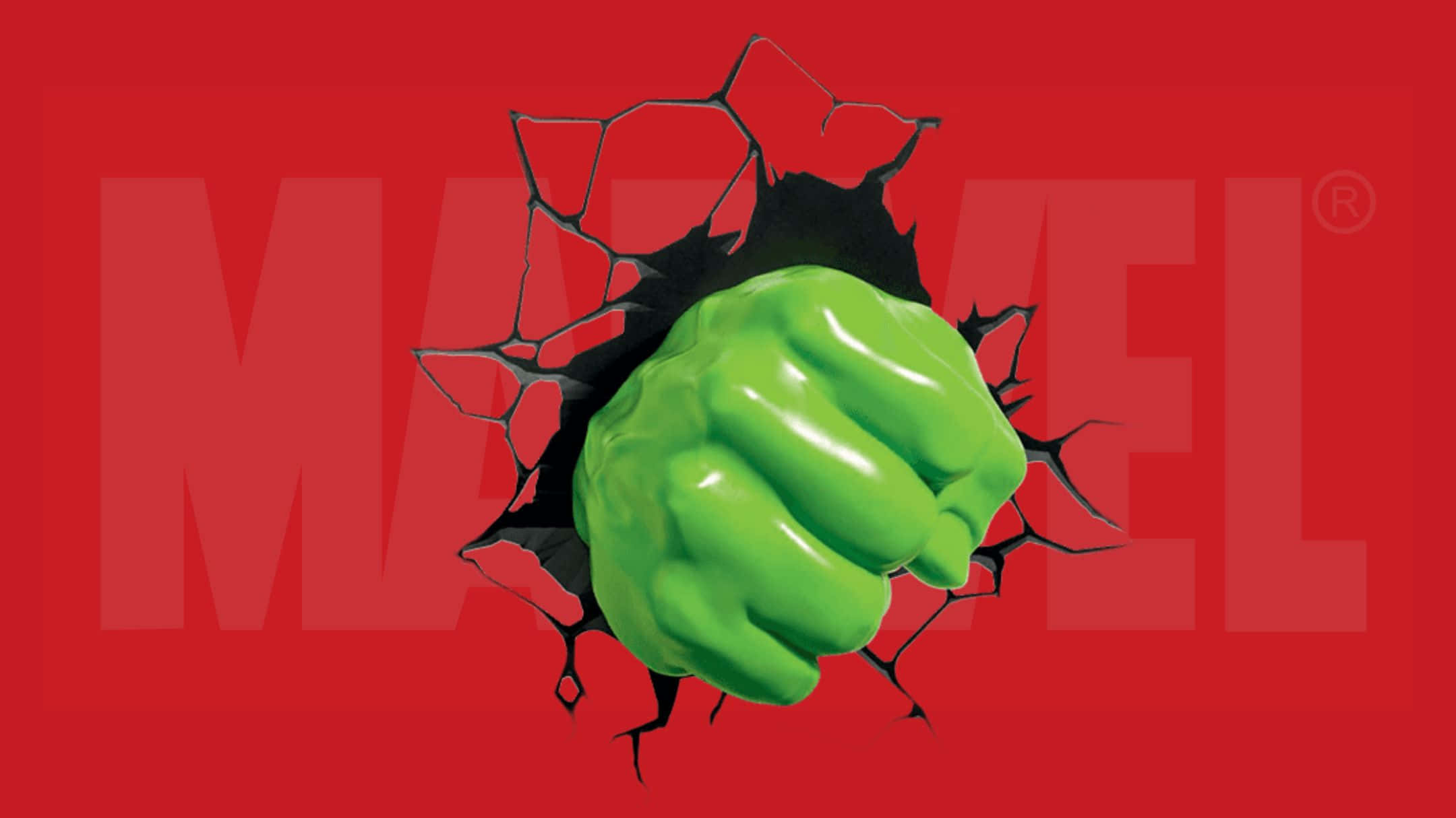 Best Marvel 桌布 壁紙 — 一個充滿活力的綠色浩克拳頭擊穿紅色表面，裂紋向外擴散，背景是褪色的Marvel標誌。