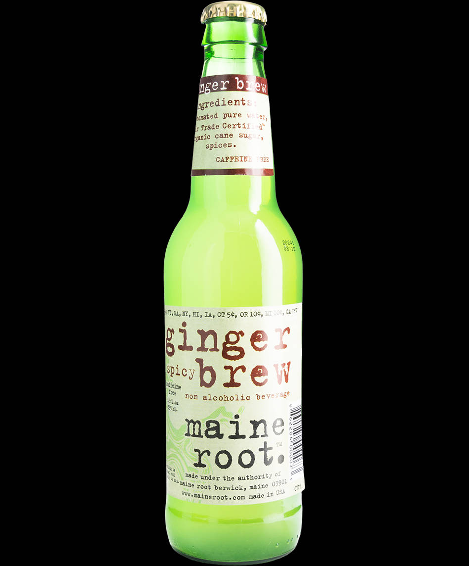 Drink 桌布 壁紙 — 一個充滿活力的綠色玻璃瓶 Maine Root 辣味薑汁啤酒，孤立在 stark 黑色背景前。