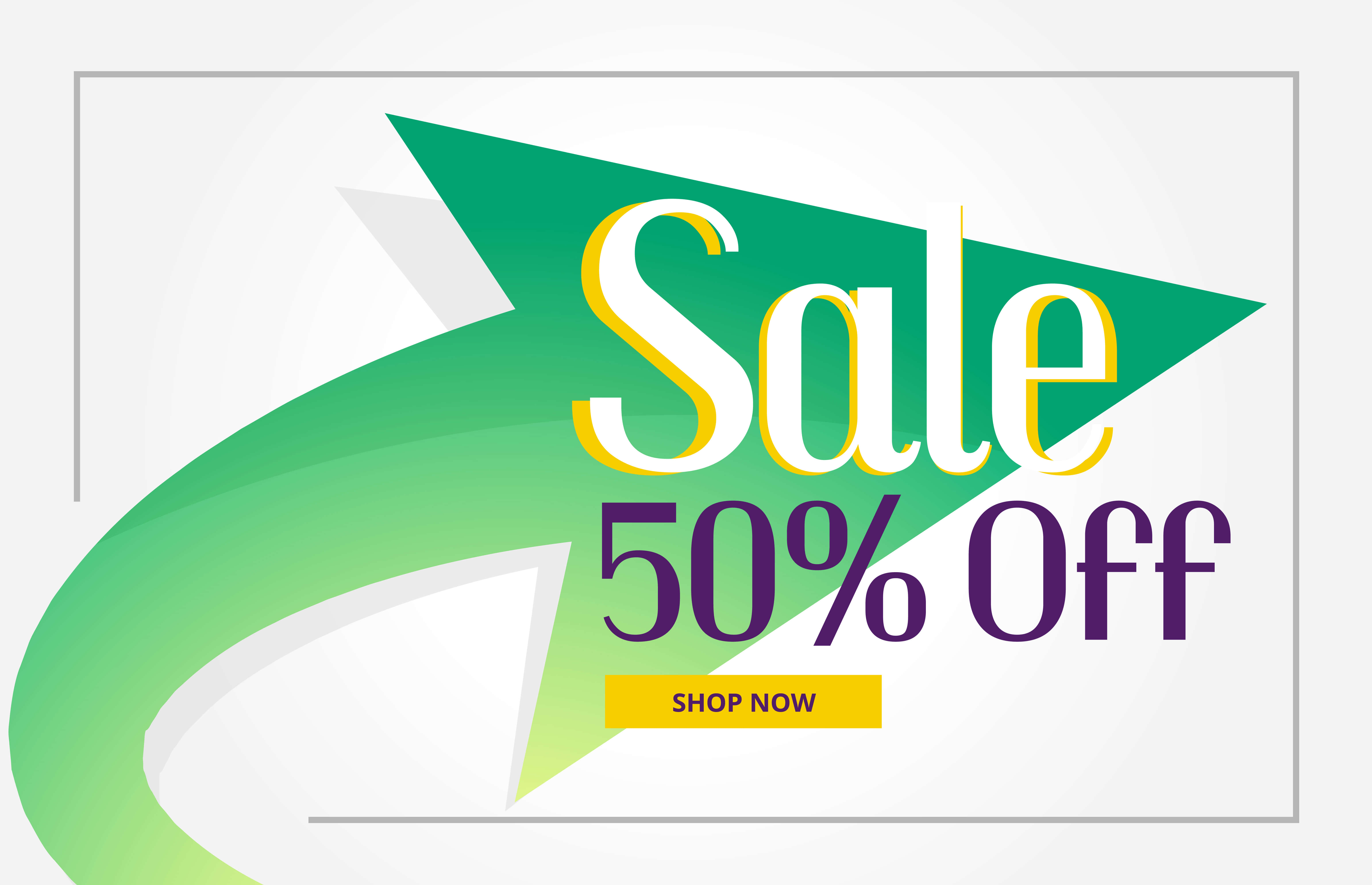 Sales 桌布 壁紙 — 一個充滿活力的綠色箭頭圖形，帶有粗體文字宣布50%折扣和立即購買按鈕。