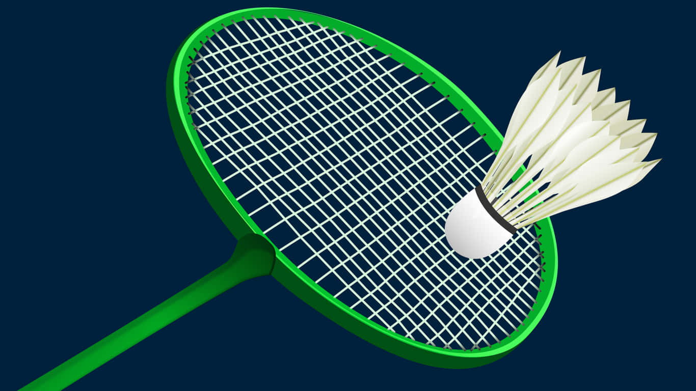 1366x768 Badminton 桌布 壁紙 — 一個充滿活力的綠色羽毛球拍，上面有一個白色的羽毛球放在弦線上，背景是深藍色。