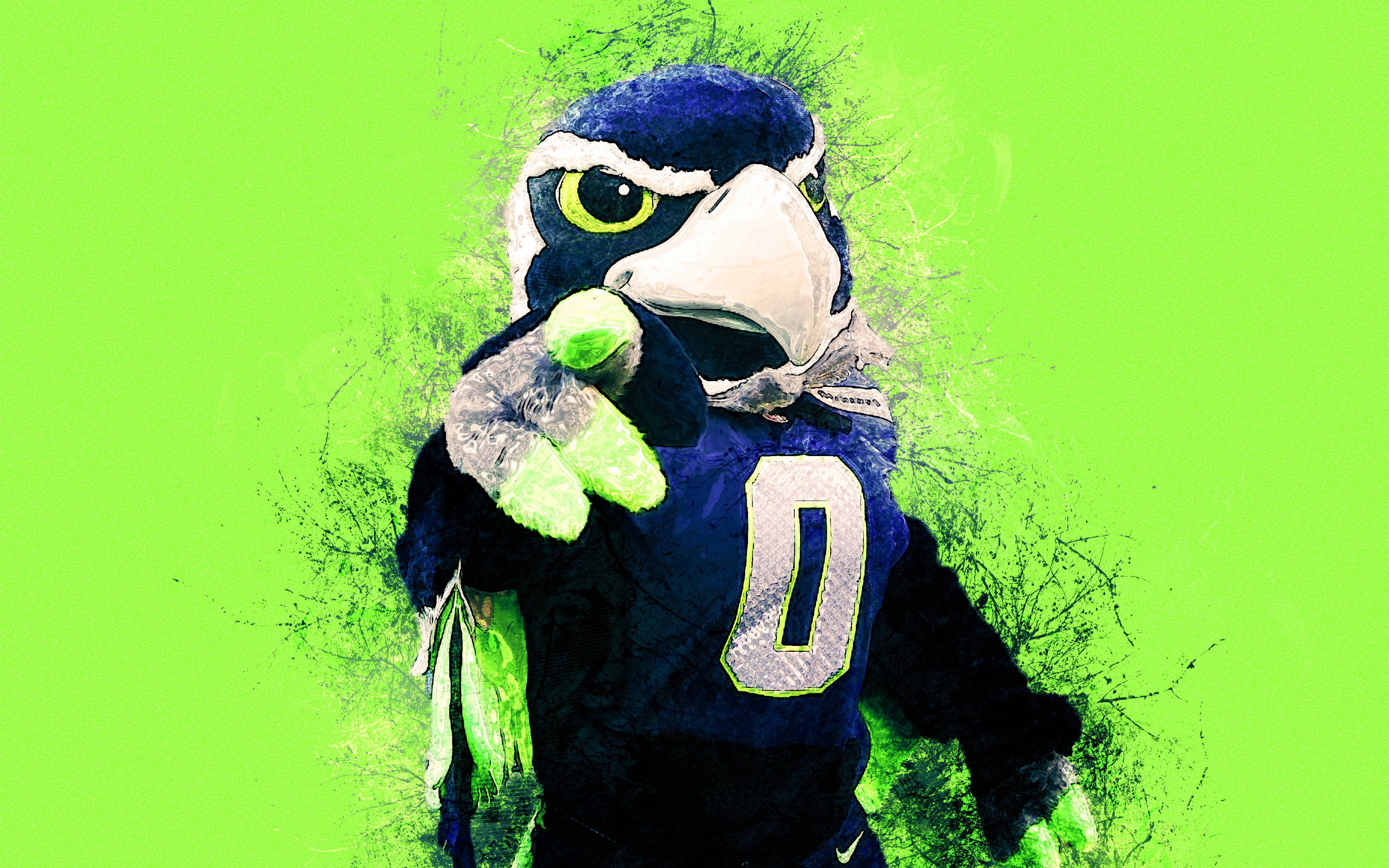 Seattle Seahawks 桌布 壁紙 — 一個充滿活力的綠色背景在一個身穿藍色球衣、號碼為零、指向前方的西雅圖海鷹隊吉祥物背後飛濺。