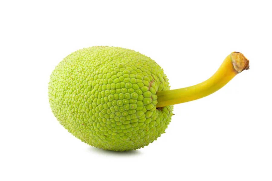 Fruit 桌布 壁紙 — 一個充滿活力的綠色菠蘿蜜，表面凹凸不平，帶有黃色莖部，孤立地放在純白色背景上。