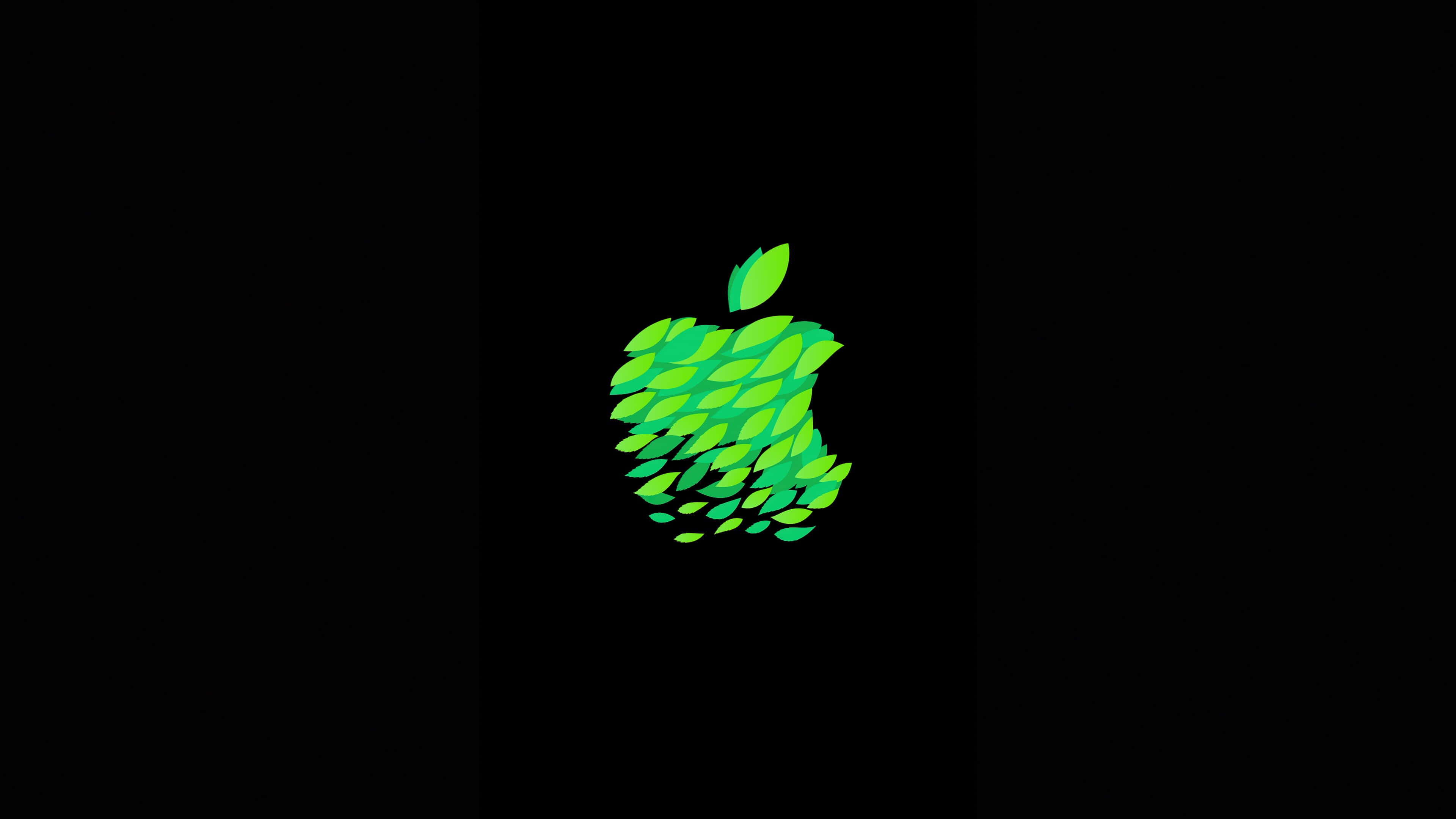 Apple 4K 桌布 壁紙 — 一個充滿活力的綠色葉子圖案Apple標誌，居中放置在純黑色背景上。