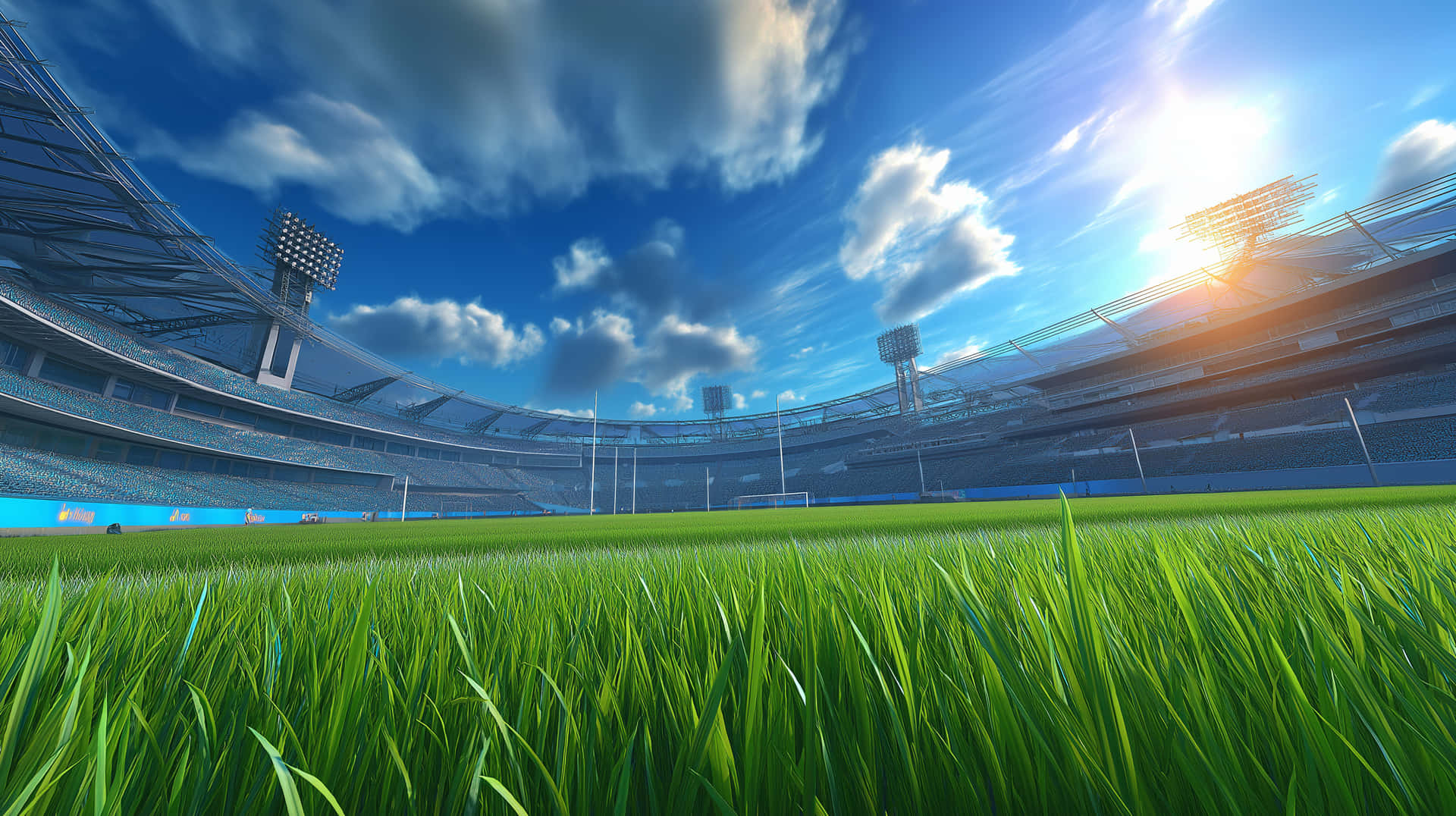 Vast Sports Stadium Field Under Expansive Sunny Sky 壁紙 — 一個充滿活力的綠色足球場在晴朗的藍天、蓬鬆的白雲和陽光的照射下，向著一個巨大的體育場延伸。