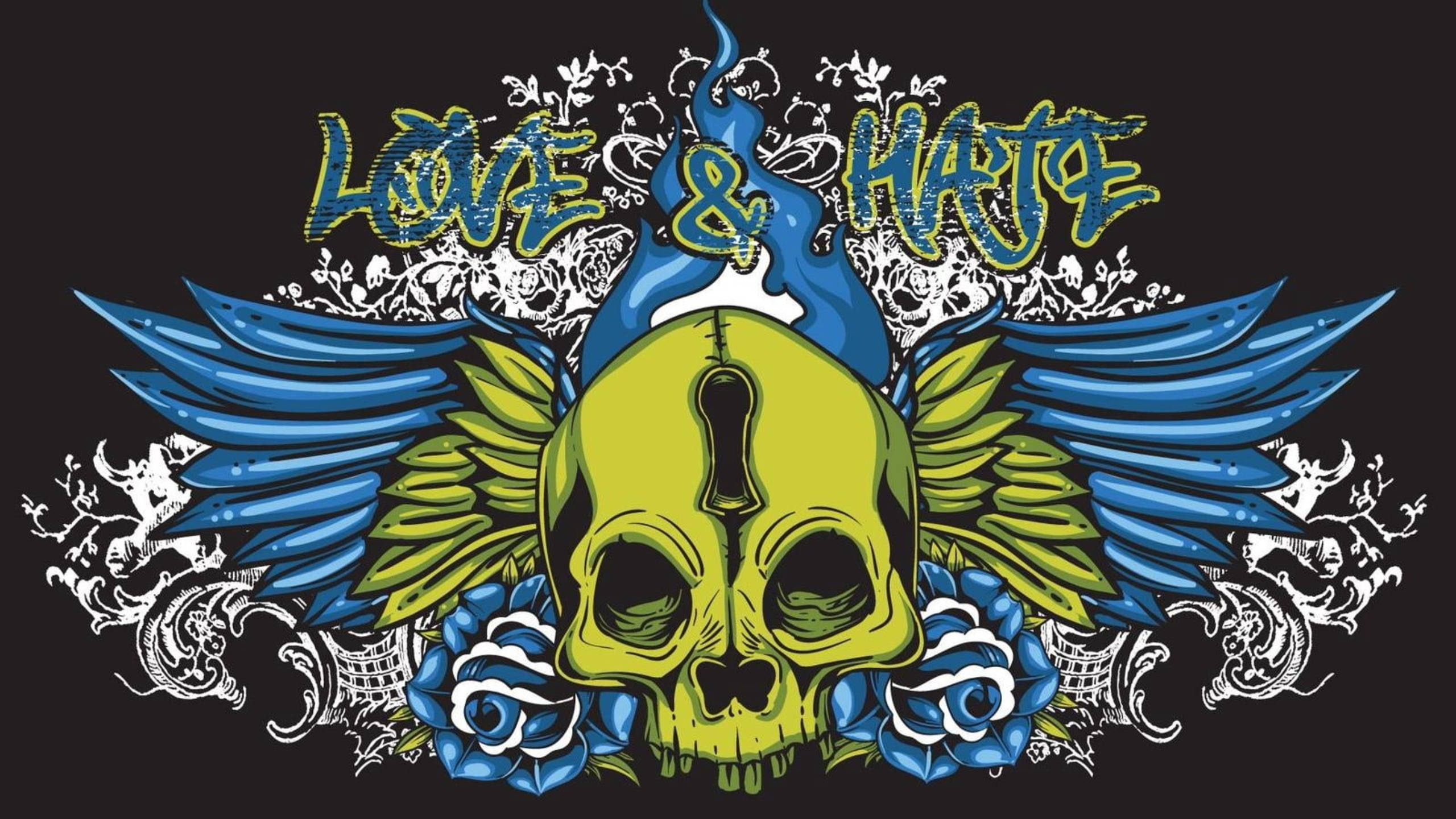hate 桌布 壁紙 — 一個充滿活力的綠色骷髏頭，帶有藍色翅膀和玫瑰，位於黑色背景上的「LOVE & HATE」文字下方。