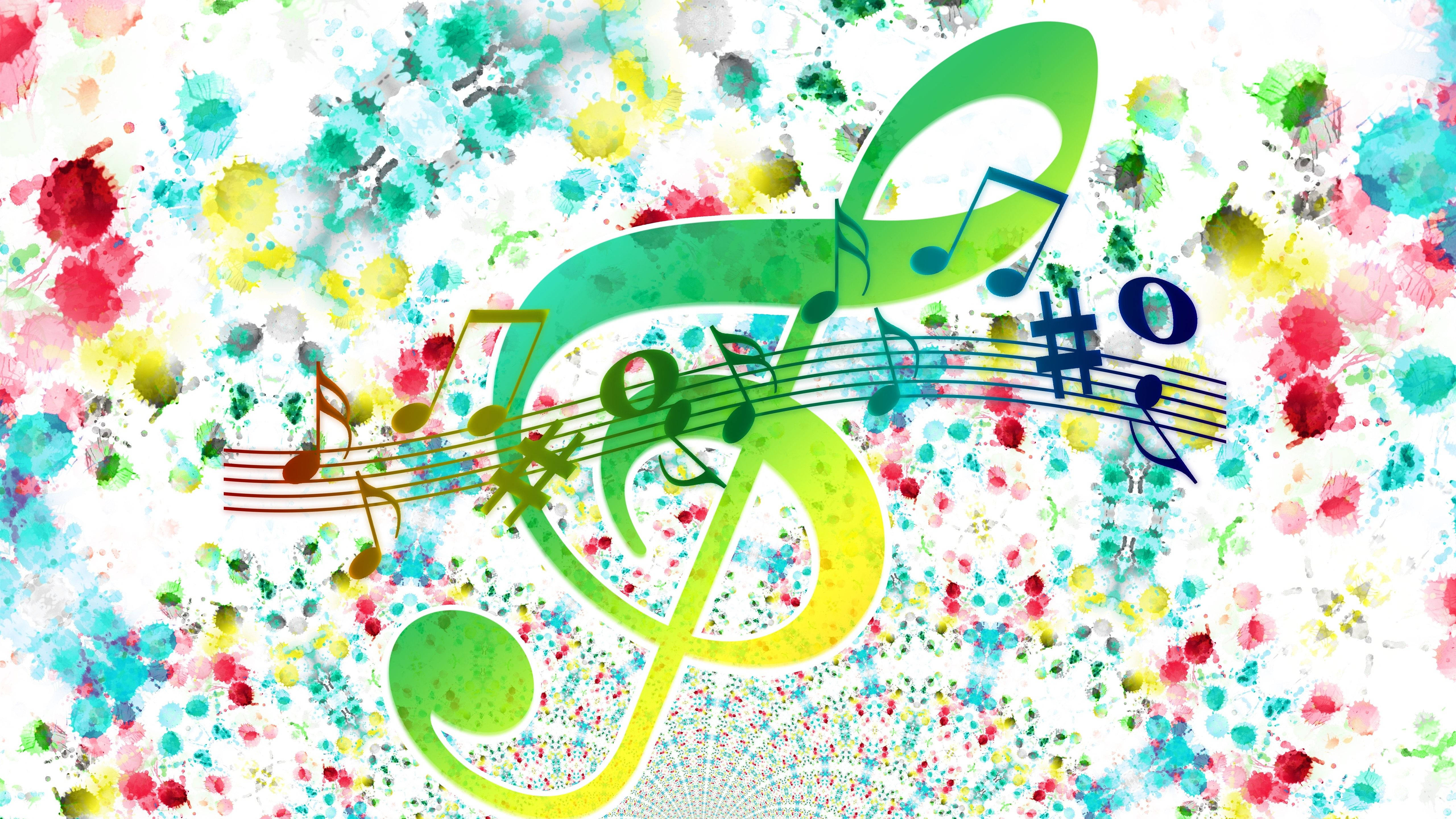 音樂 桌布 壁紙 — 一個充滿活力的綠色高音譜號和音符漂浮在白色背景上的彩色油漆飛濺中。
