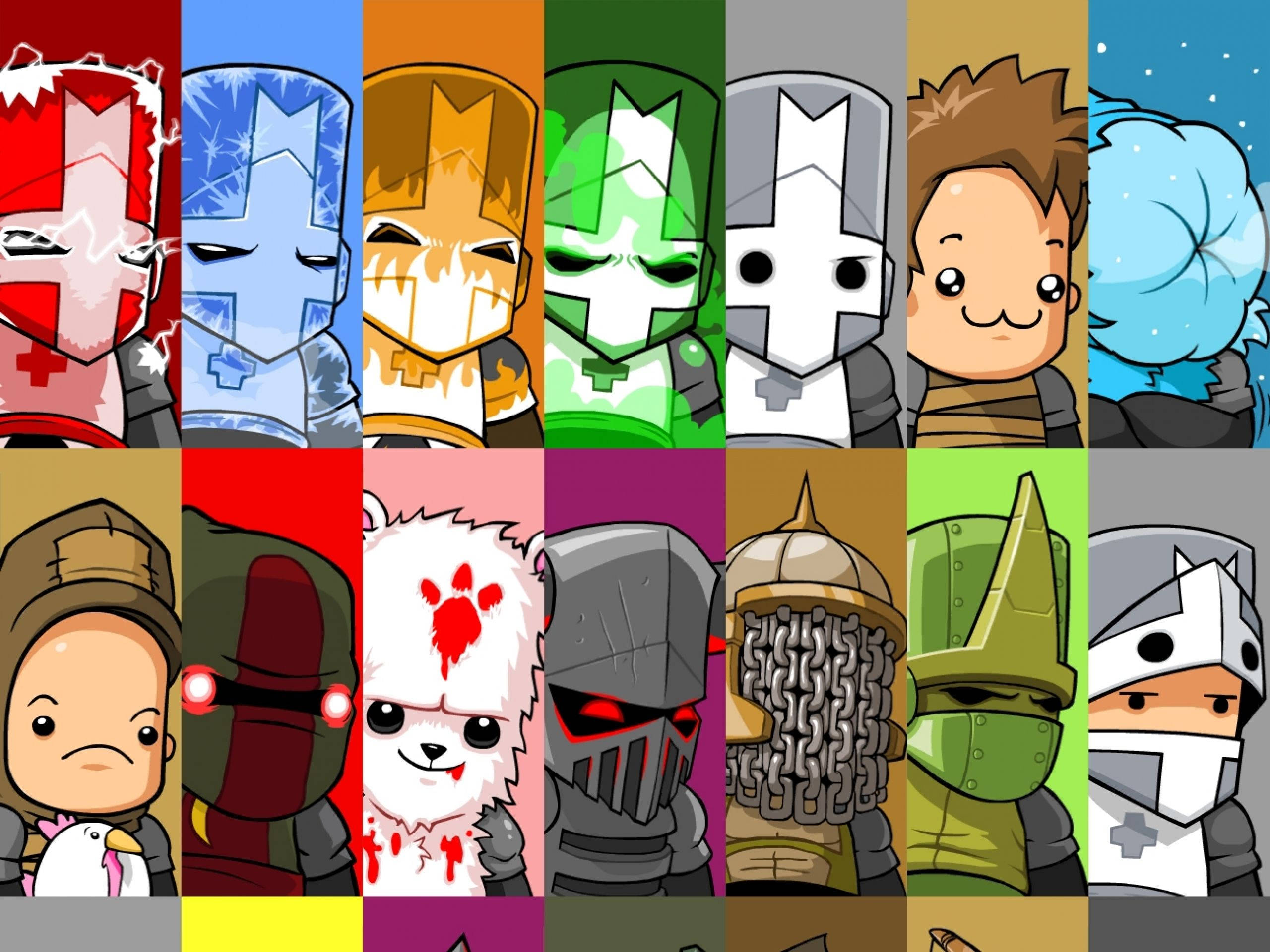 Castle Crashers 桌布 壁紙 — 一個充滿活力的網格，包含16個Q版騎士角色，每個都有獨特的盔甲顏色和表情。