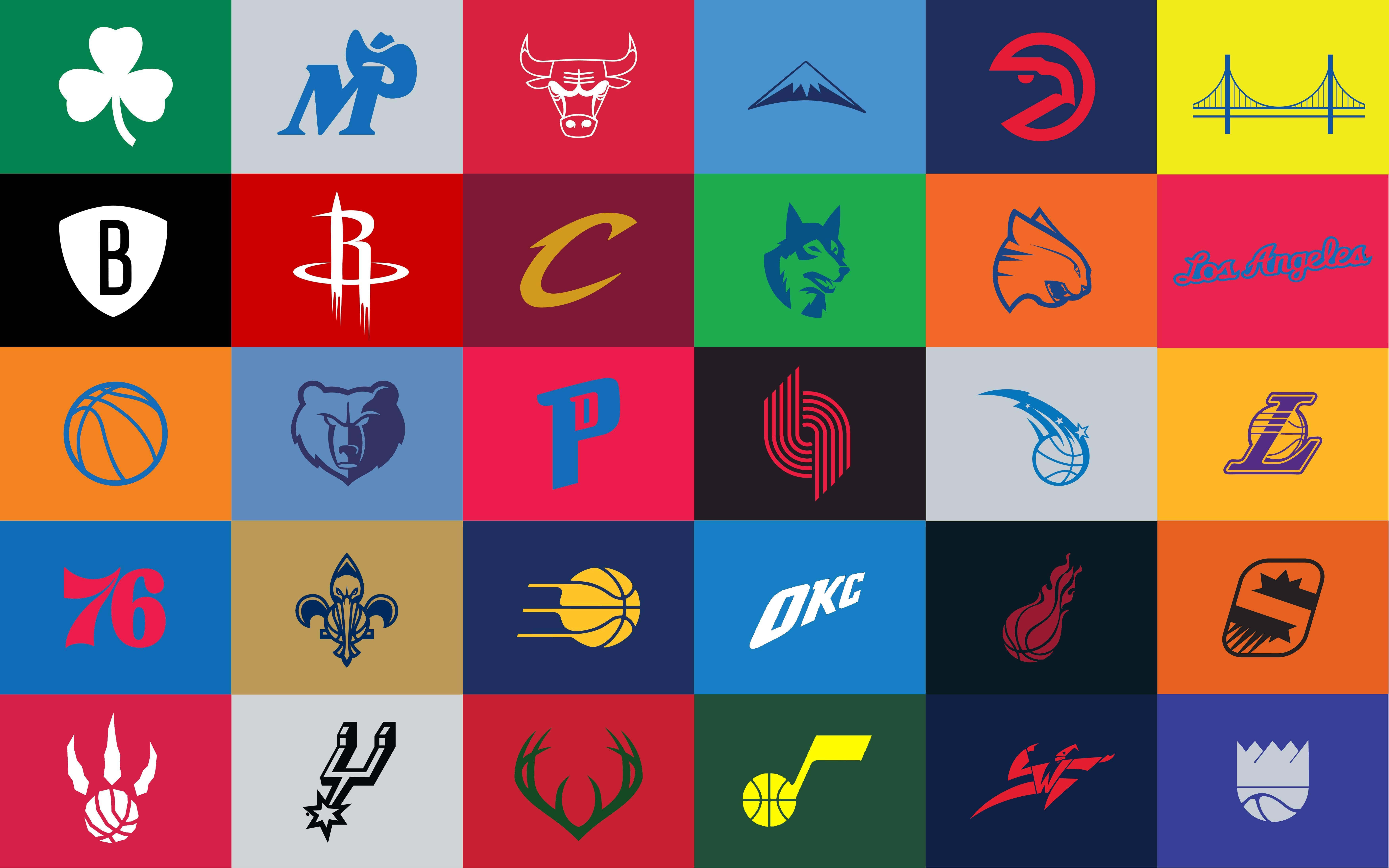NBA 桌布 壁紙 — 一個充滿活力的網格，包含20個NBA和NHL球隊標誌，每個標誌位於純色方形背景上。