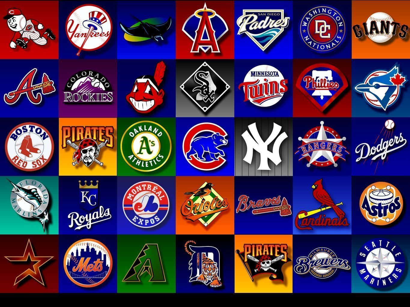 MLB Baseball League 桌布 壁紙 — 一個充滿活力的網格，包含30個色彩繽紛的棒球隊標誌，每個標誌都位於自己的彩色方形背景上。