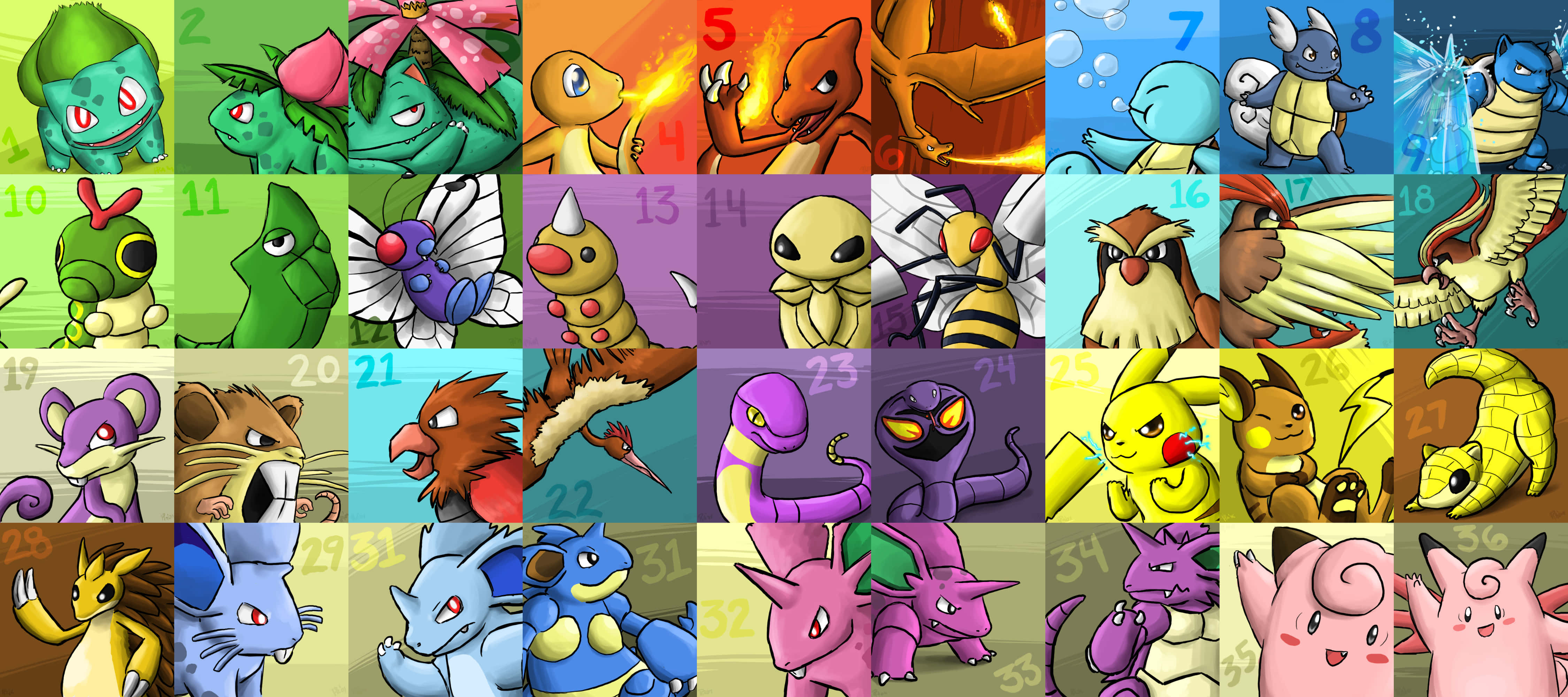 Pokemon Stickers 桌布 壁紙 — 一個充滿活力的網格，包含34個經典寶可夢角色，每個都在自己色彩繽紛的編號單元格中。