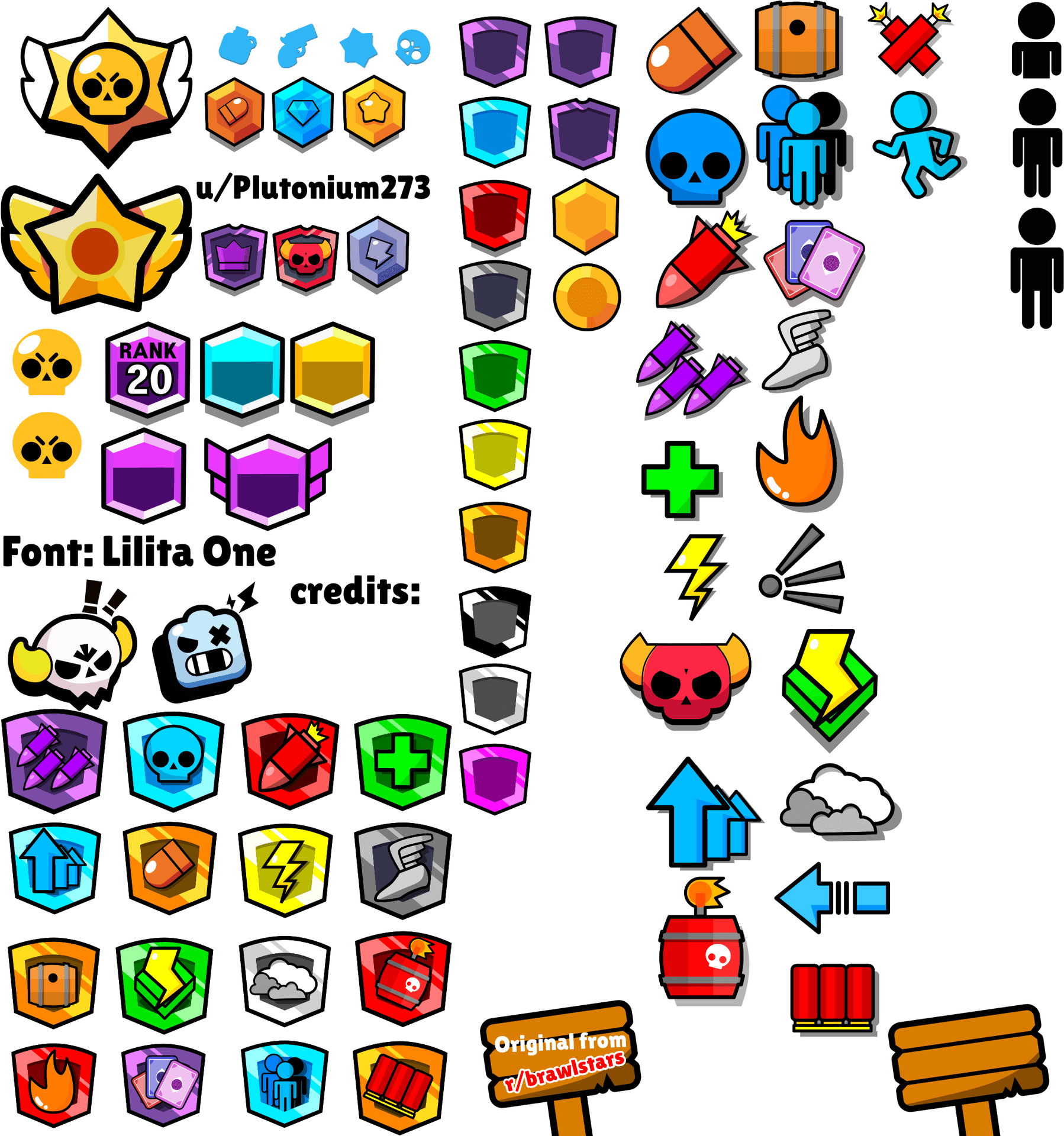 荒野亂鬥 桌布 壁紙 — 一個充滿活力的網格，包含來自 Brawl Stars 的彩色像素藝術圖標，有骷髏、盾牌、寶石和遊戲物品，背景為黑色。
