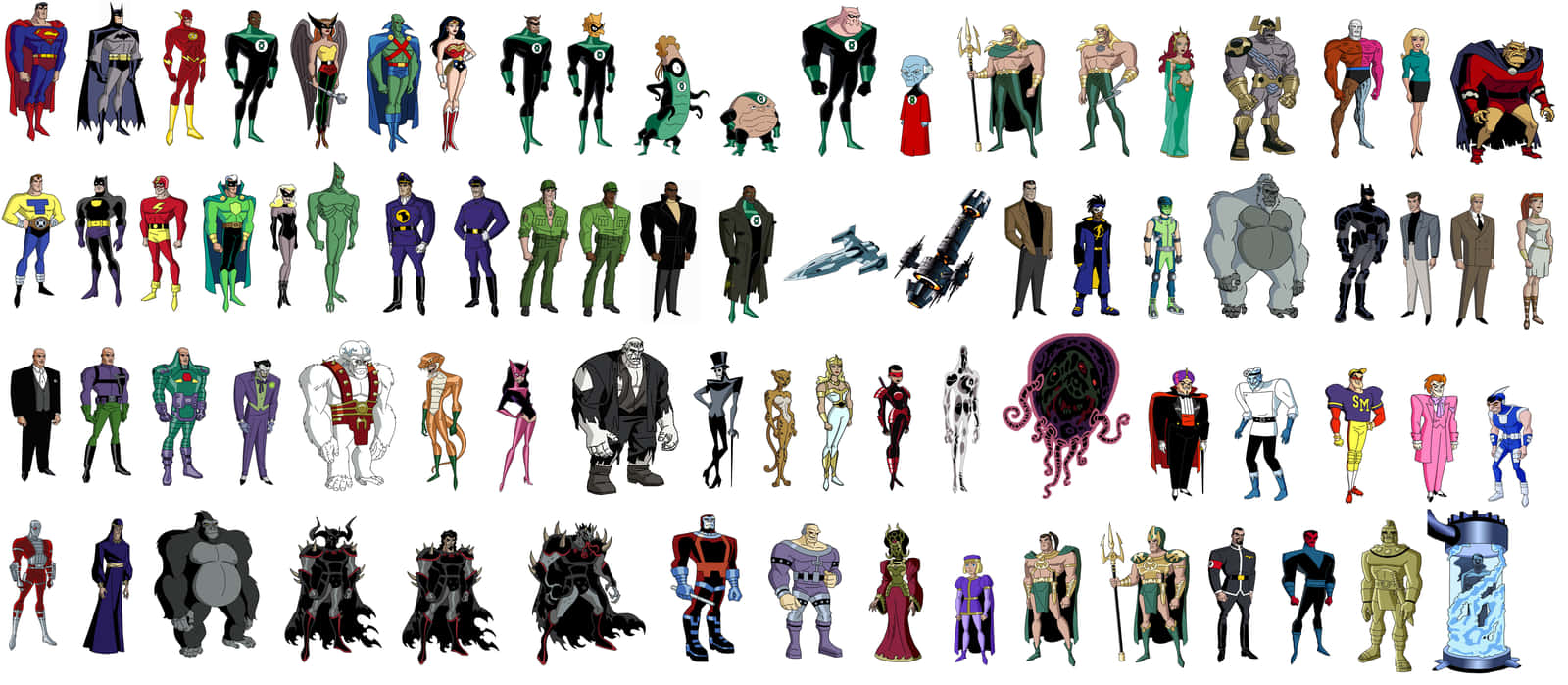 Justice League Unlimited 桌布 壁紙 — 一個充滿活力的網格，包含各種動畫超級英雄和反派，穿著色彩繽紛的服裝，背景為純白色。
