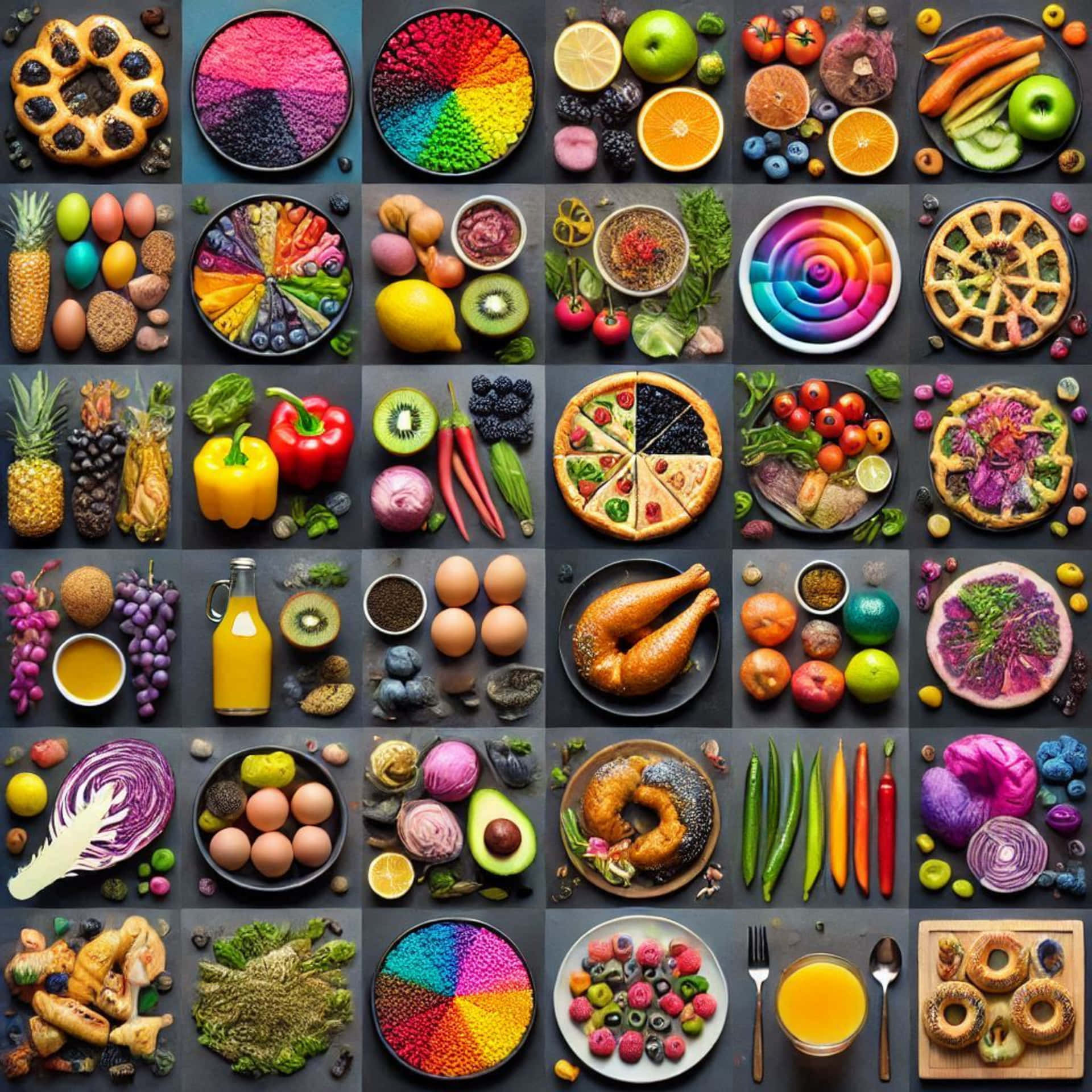 Foods with unexpected combinations 壁紙 — 一個充滿活力的網格，包含各種色彩繽紛的食物，包括水果、蔬菜、穀物和烘焙食品，整齊地排列在深色表面上。