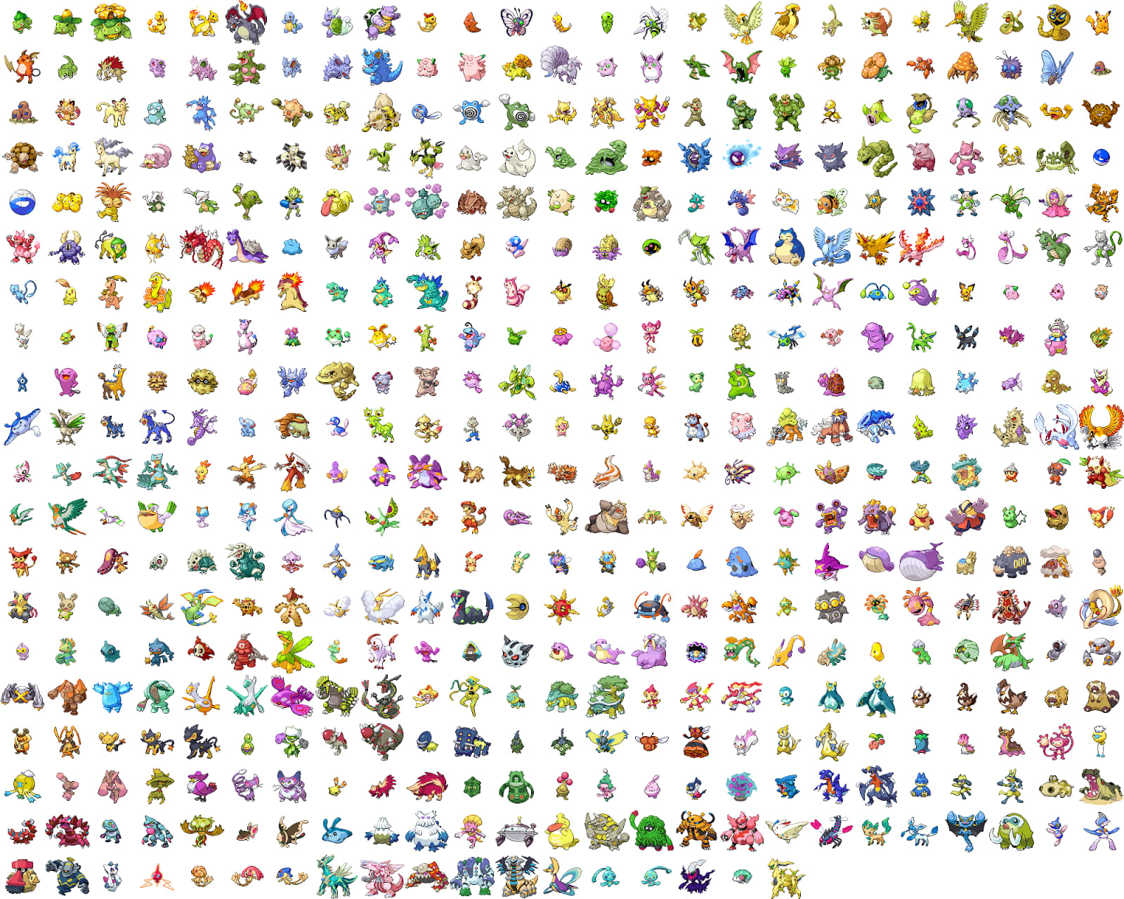 All Pokemon 桌布 壁紙 — 一個充滿活力的網格，包含色彩繽紛的寶可夢角色，以像素風格呈現，背景為白色。