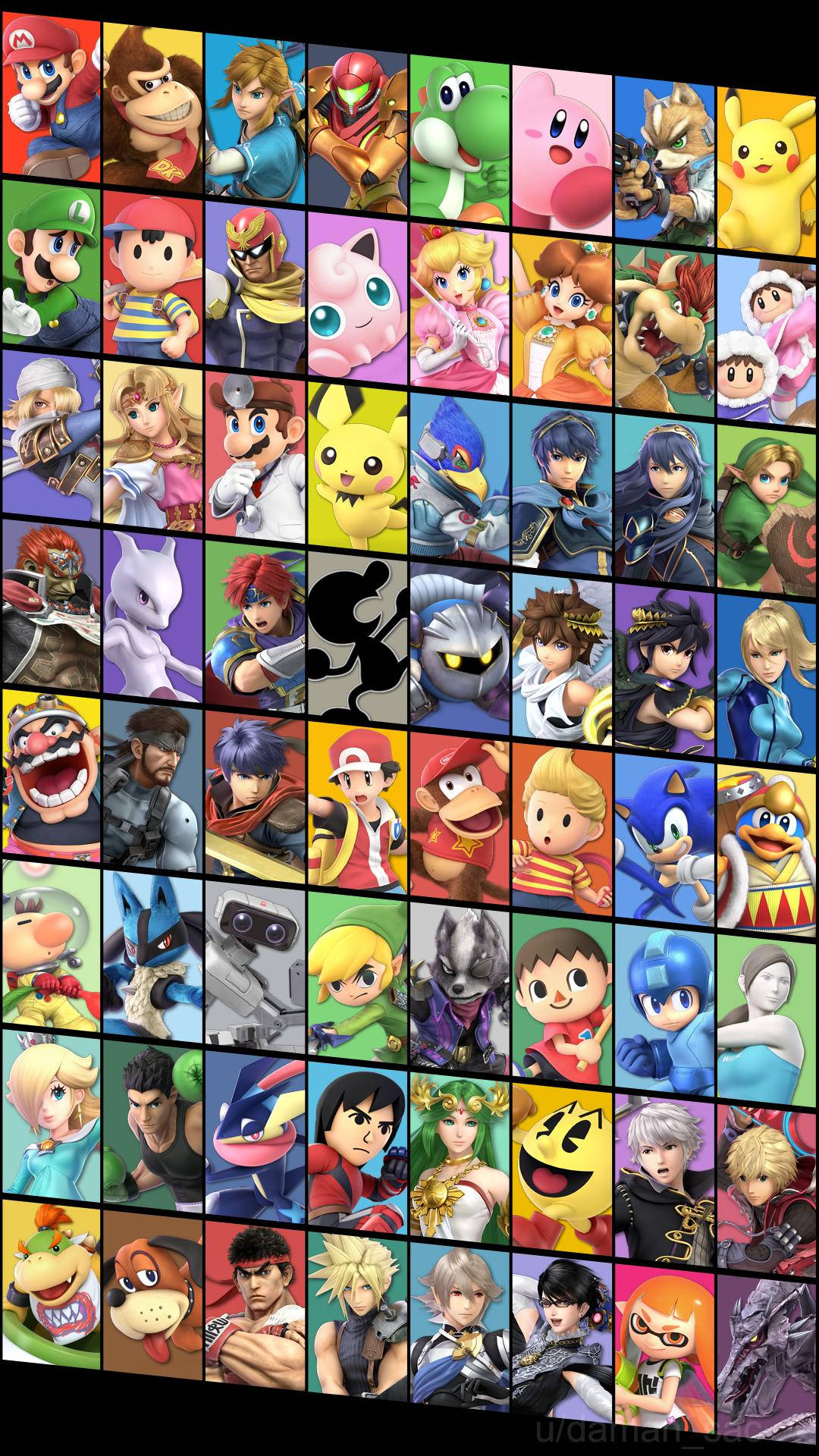 Smash Bros Ultimate 桌布 壁紙 — 一個充滿活力的網格，展示了來自不同系列的標誌性電子遊戲角色，以色彩繽紛的獨立面板呈現。