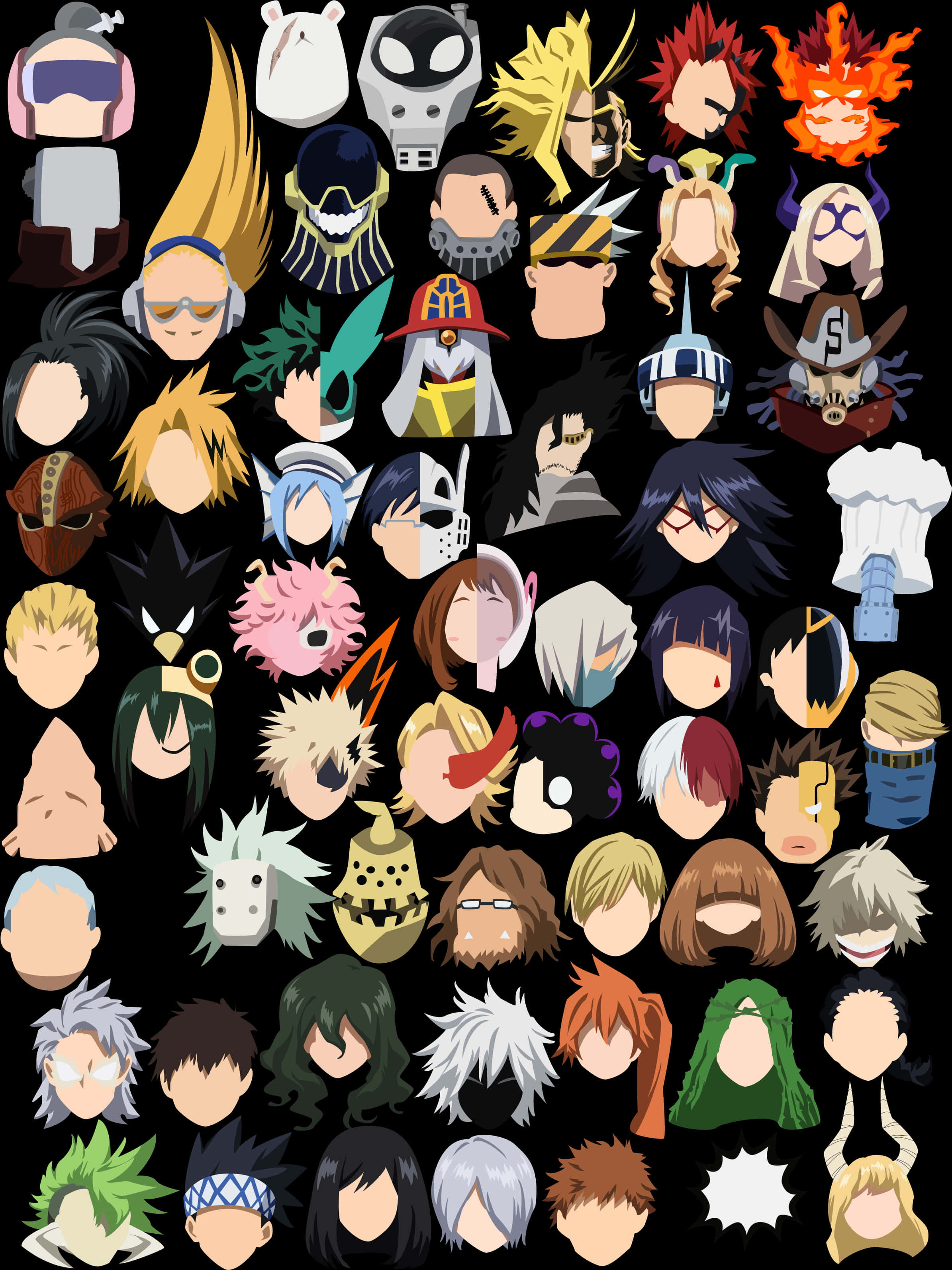 My Hero Academia Anime 桌布 壁紙 — 一個充滿活力的網格，展示了各種髮型和配飾的動漫角色頭像，背景為黑色。