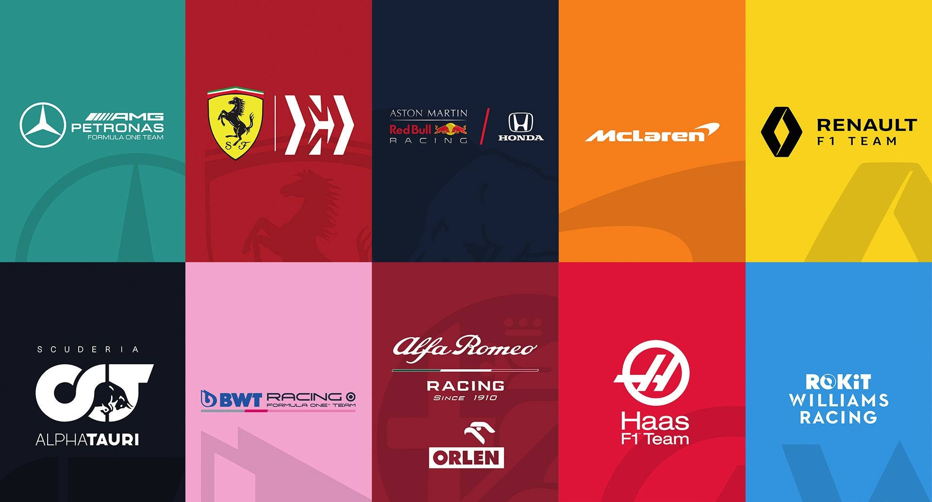 Formula 1 Desktop 桌布 壁紙 — 一個充滿活力的網格，每個一級方程式車隊標誌都放在大膽的純色背景上。