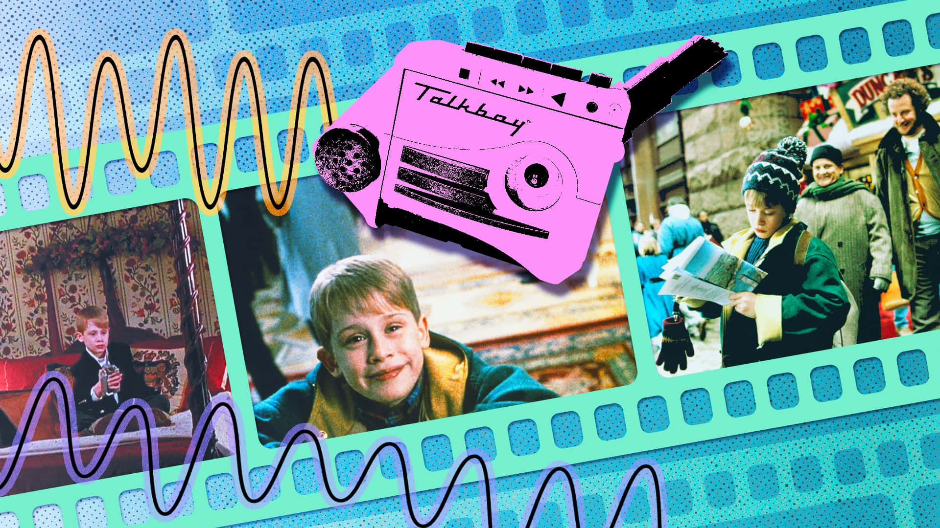 Home Alone 桌布 壁紙 — 一個充滿活力的膠片條框架拼貼畫，包含粉紅色Talkboy、穿綠色外套的男孩和微笑的年輕男孩，背景為帶有波浪線的藍綠色。
