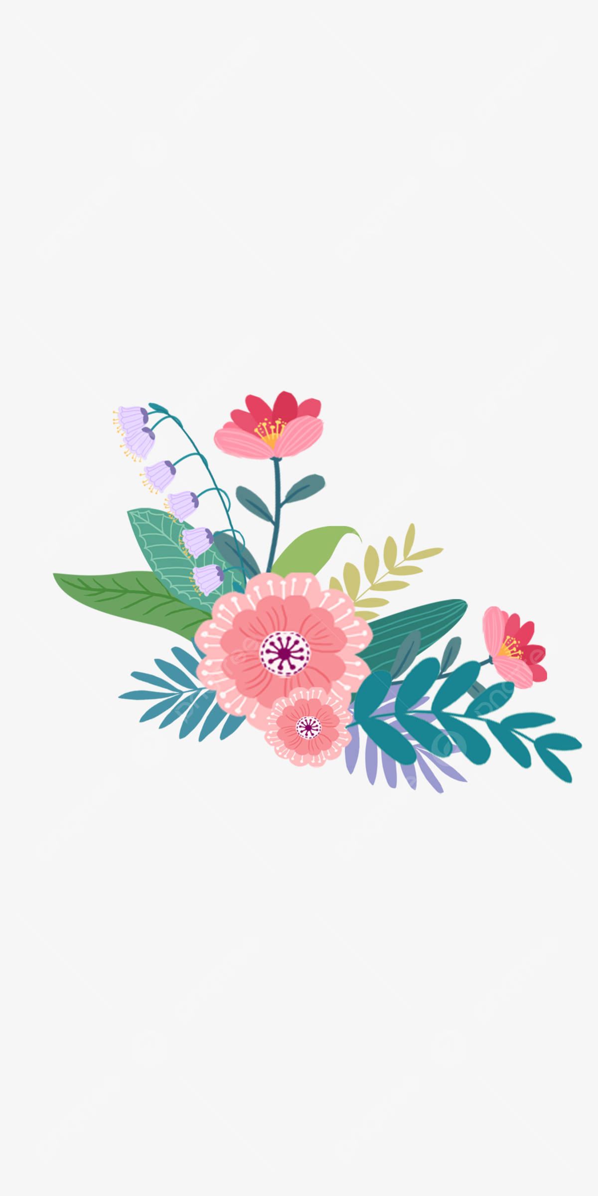 Floral Phone 桌布 壁紙 — 一個充滿活力的花卉佈置，以粉紅色花朵和綠色葉子為特色，背景為淺色。