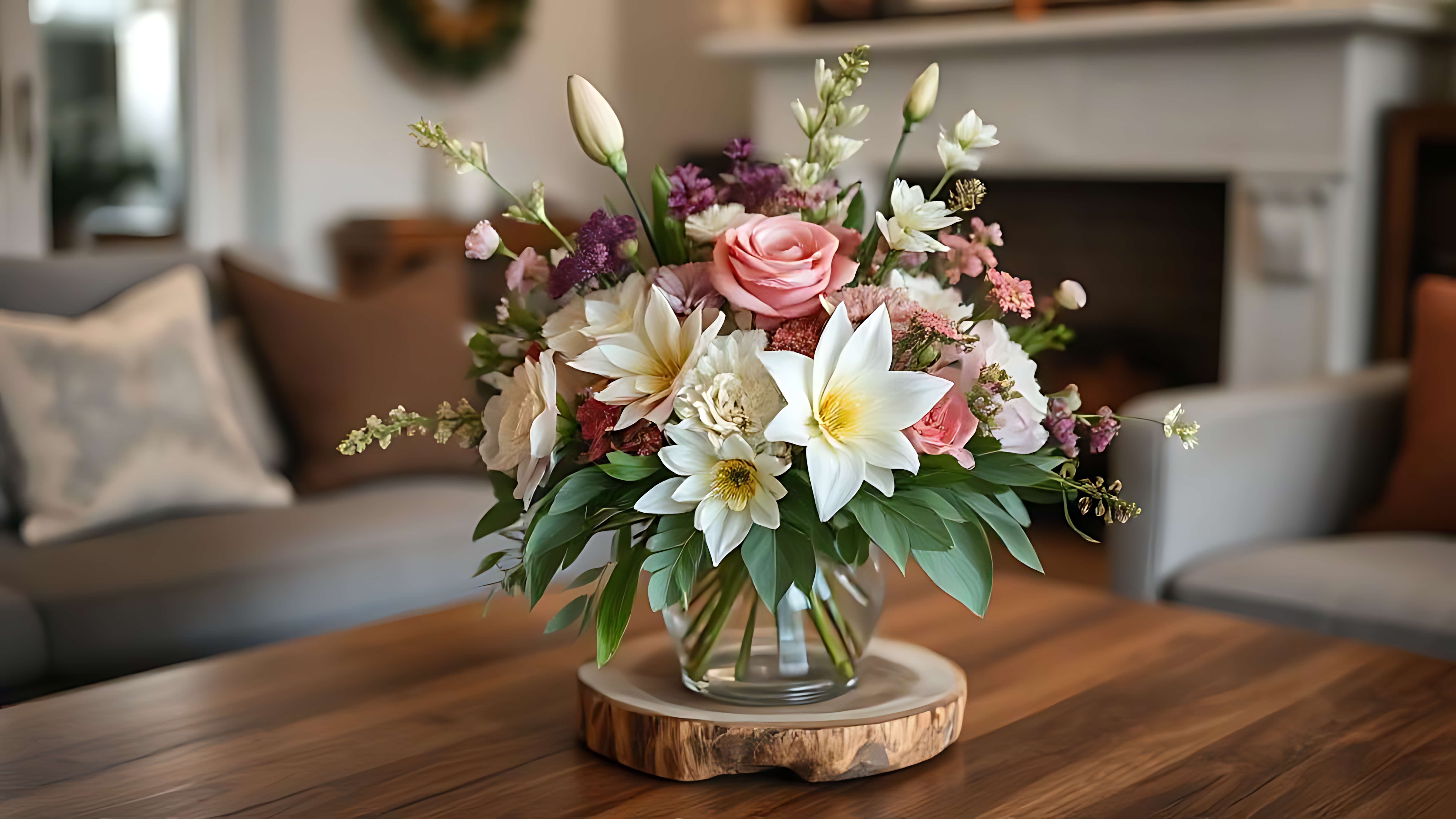 Bouquet 桌布 壁紙 — 一個充滿活力的花卉佈置，包含白色百合、粉紅玫瑰和紫色花朵，放在玻璃花瓶裡，置於舒適客廳的木桌上。